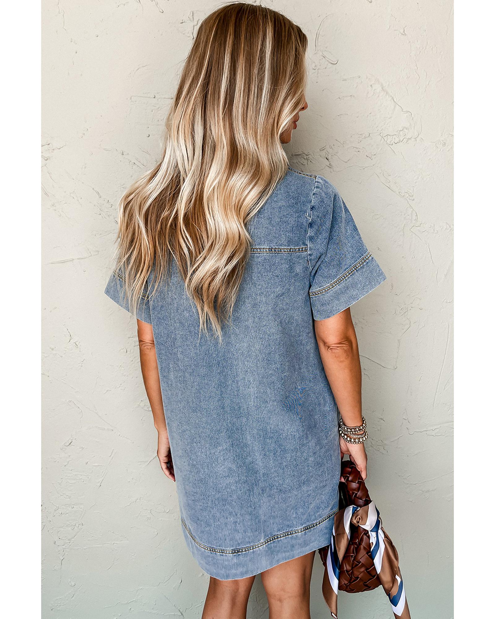 Beau Blue Short Sleeve Collared Patched Pocket Denim Mini Dress - S
