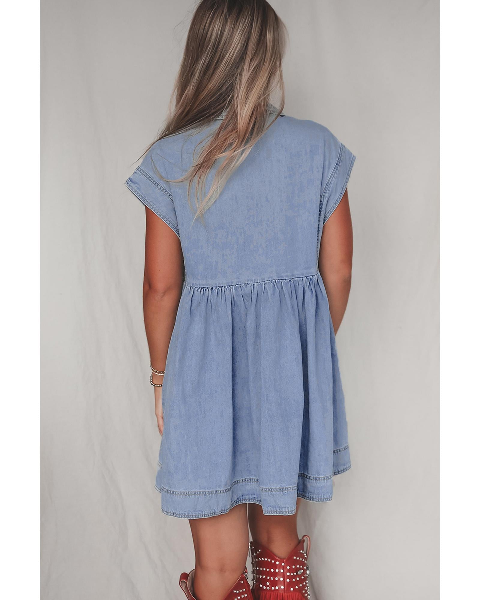 Beau Blue Lapel Neck Cap Sleeve High Waist Denim Babydoll Dress - L