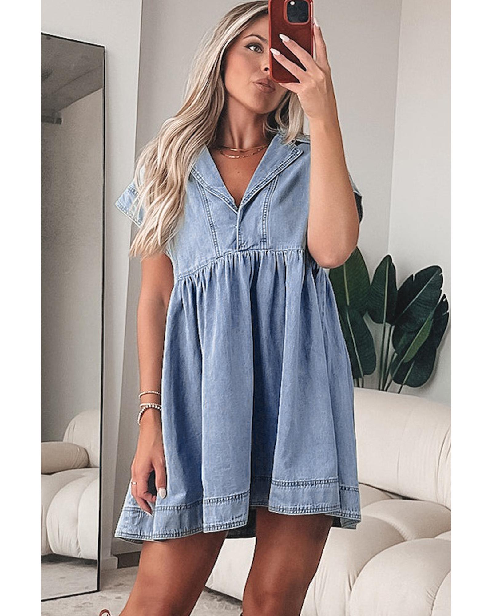 Beau Blue Lapel Neck Cap Sleeve High Waist Denim Babydoll Dress - L