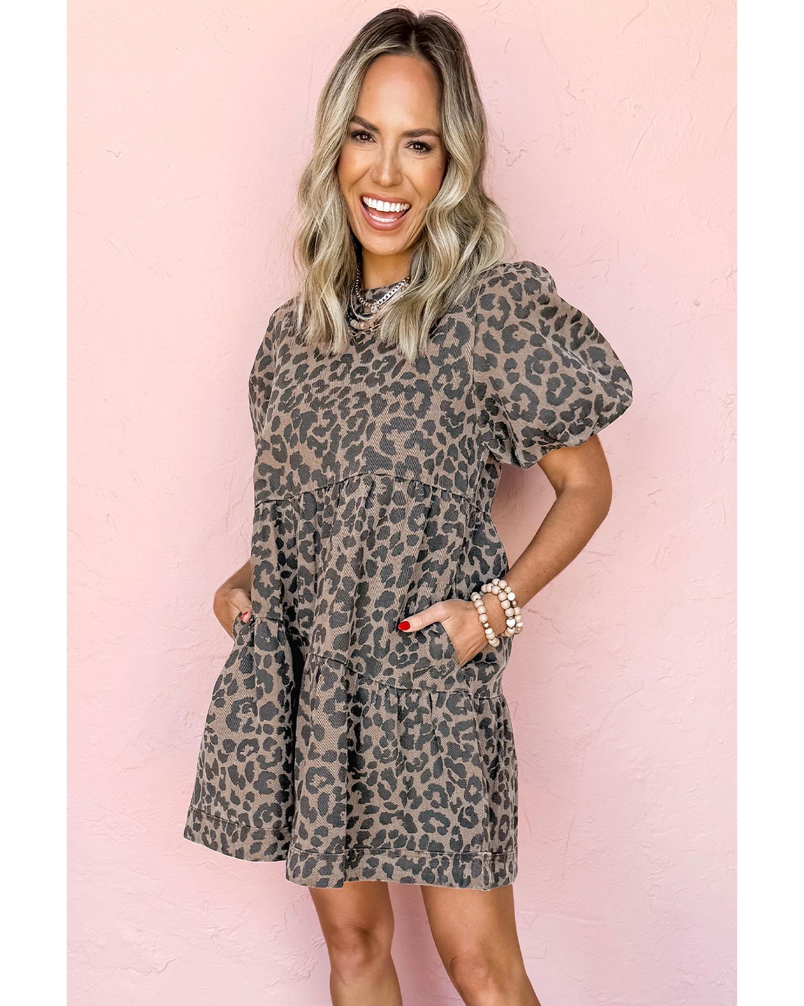 Brown Denim Leopard Printed Short Puff Sleeve Mini Dress - S
