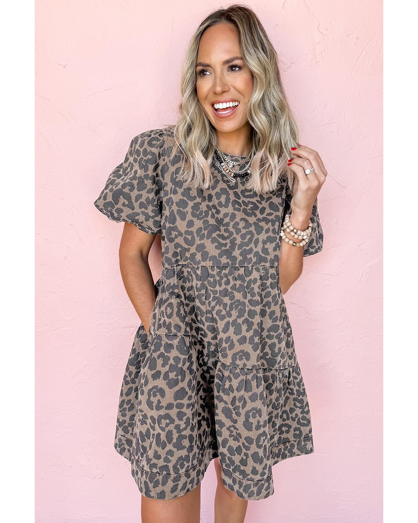 Brown Denim Leopard Printed Short Puff Sleeve Mini Dress - S