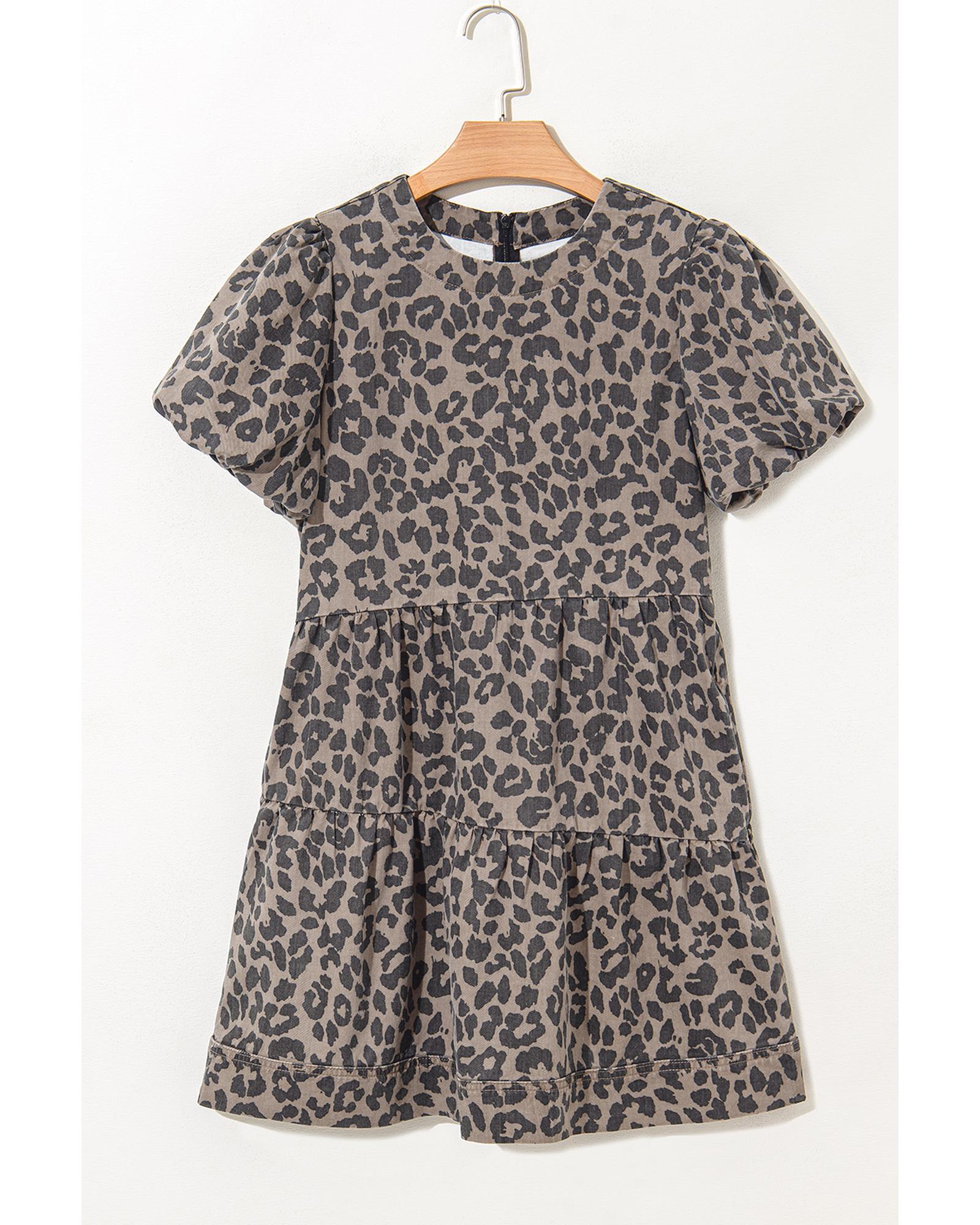 Brown Denim Leopard Printed Short Puff Sleeve Mini Dress - S