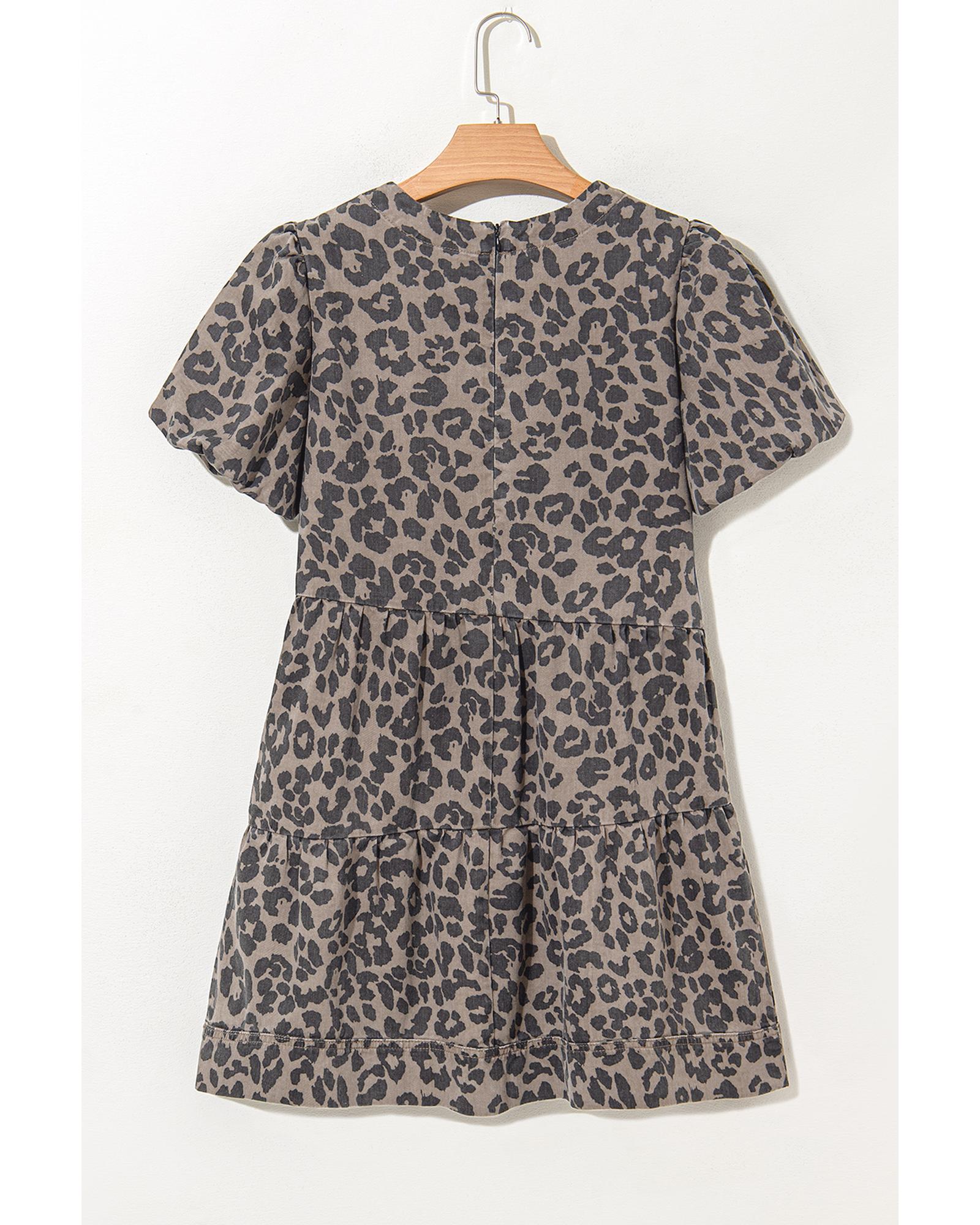 Brown Denim Leopard Printed Short Puff Sleeve Mini Dress - S