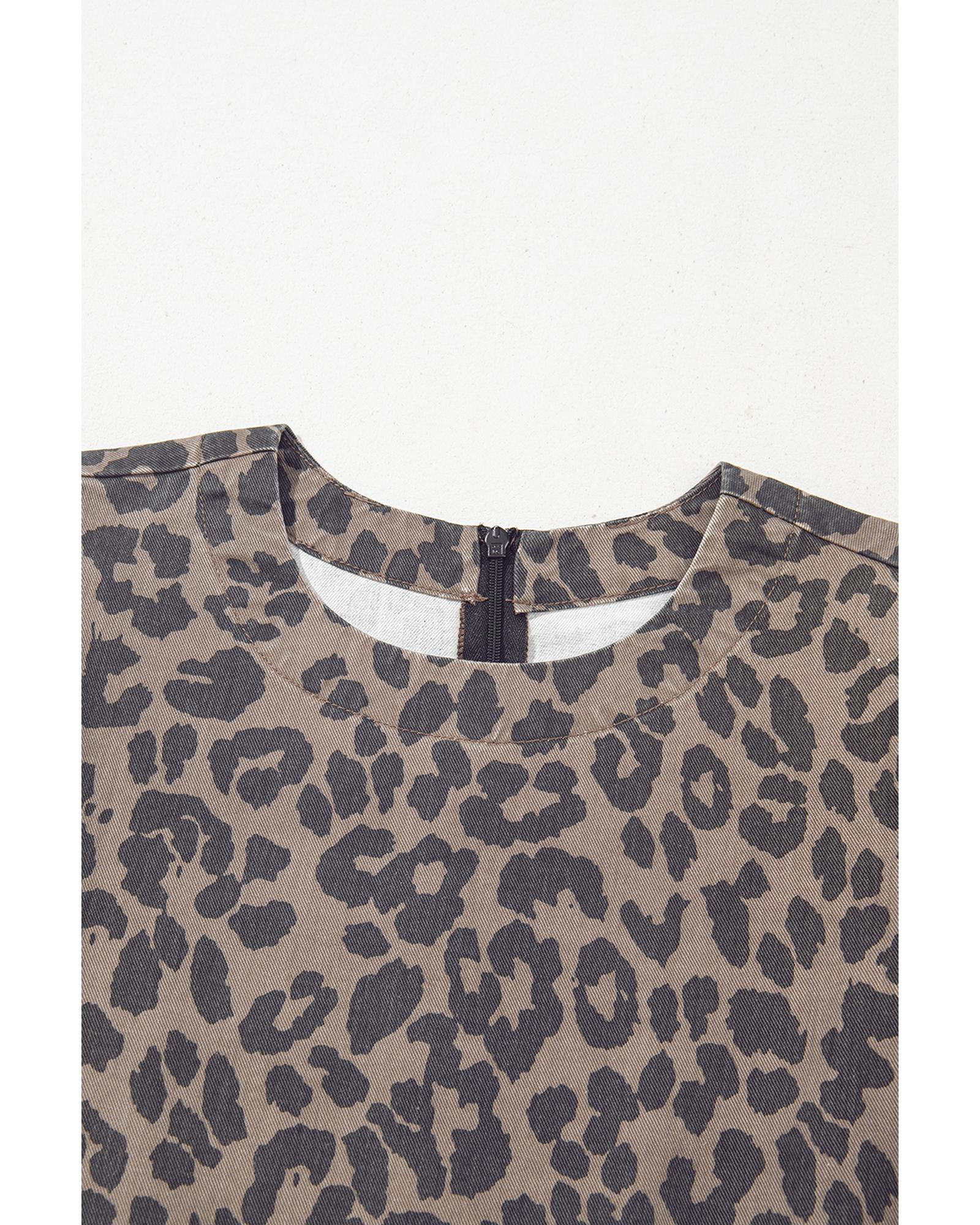 Brown Denim Leopard Printed Short Puff Sleeve Mini Dress - S
