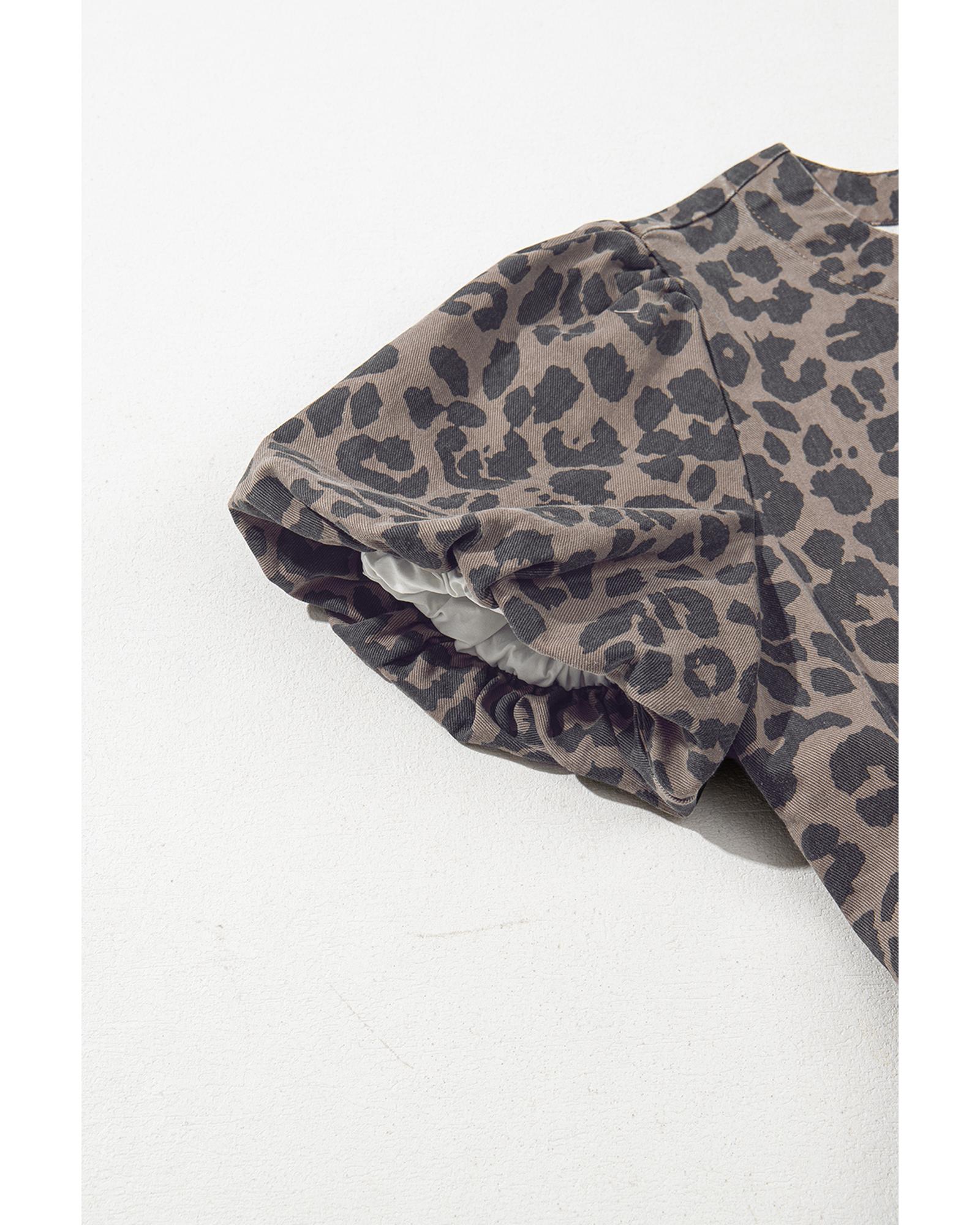 Brown Denim Leopard Printed Short Puff Sleeve Mini Dress - S