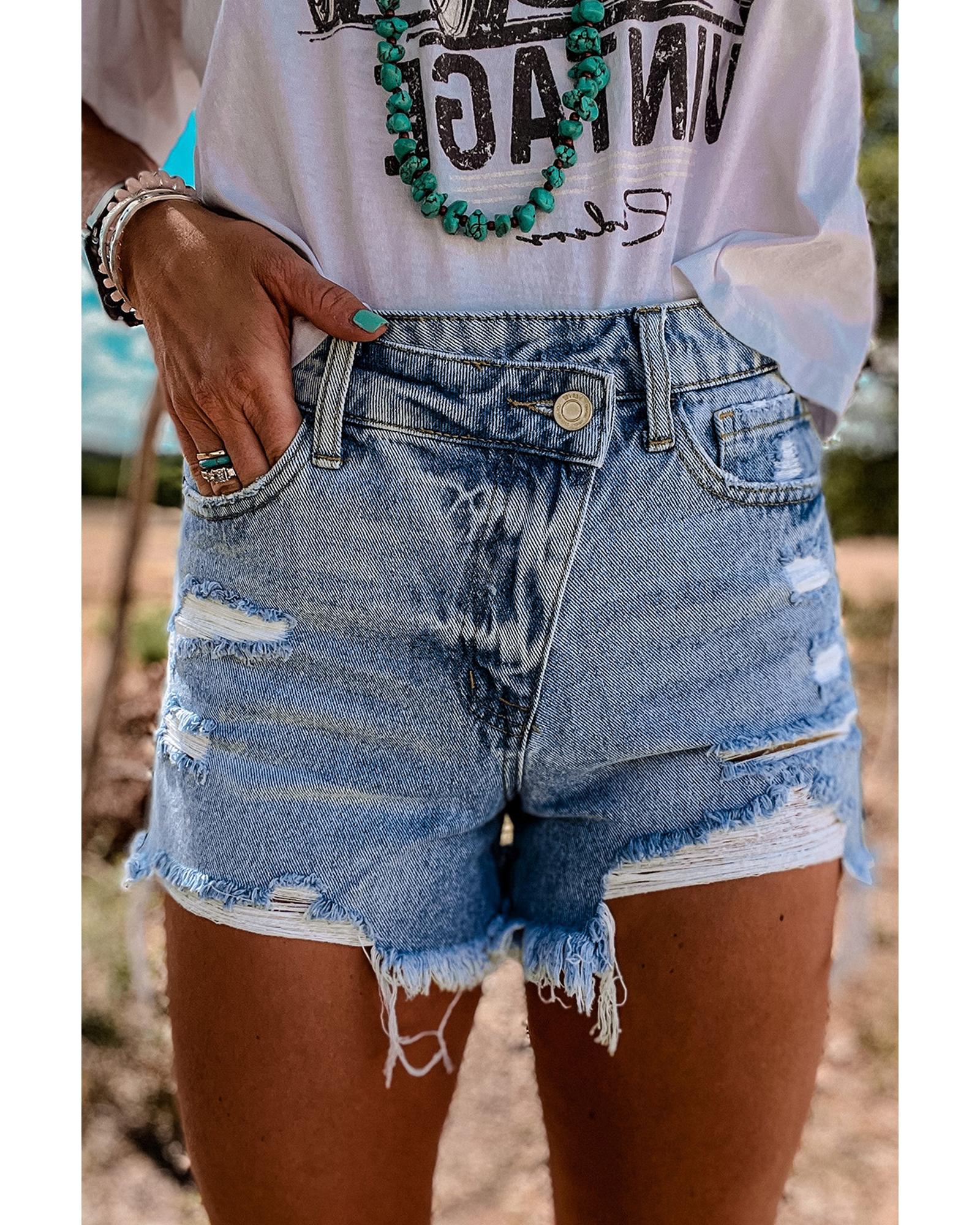 Sky Blue High Rise Crossover Waist Denim Shorts - 16 US