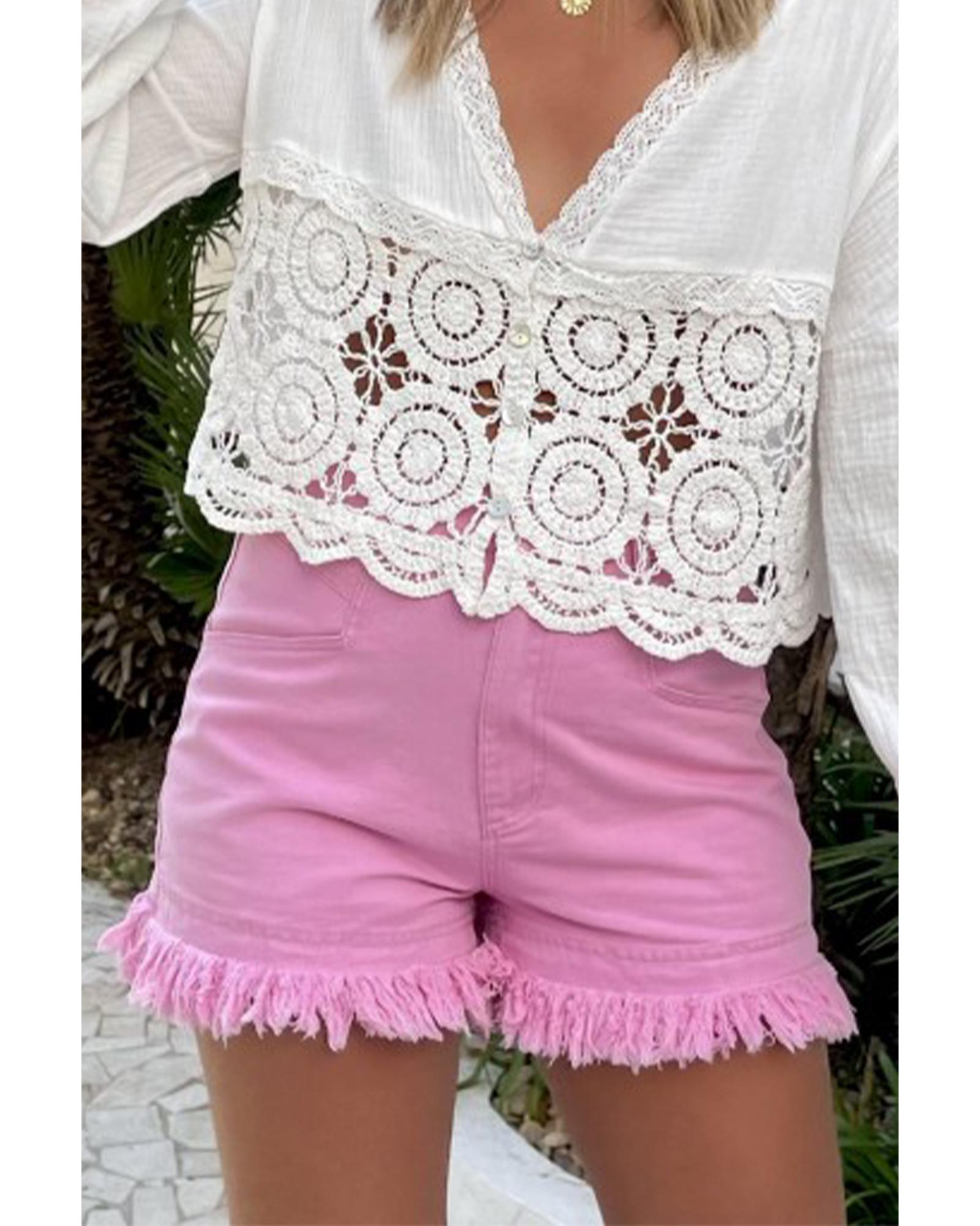 Pink Frayed Edge Mid Rise Denim Shorts - 12 US
