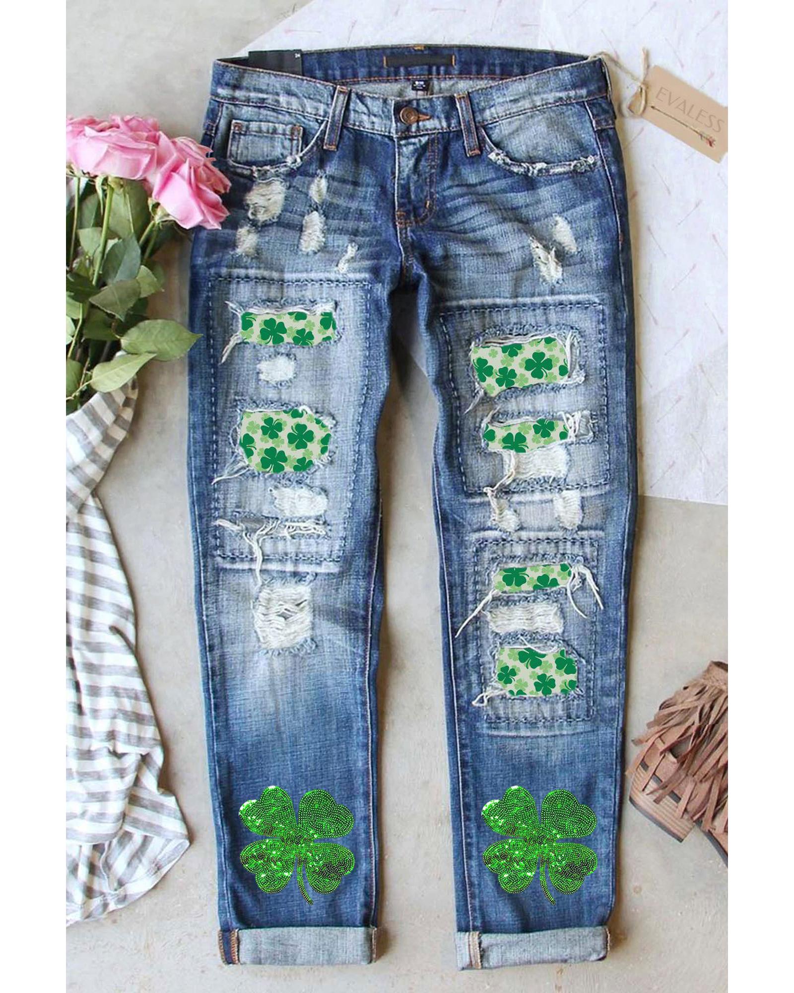 Sky Blue St. Patricks Clover Patchwork Sequin Distressed Jeans - 18 US