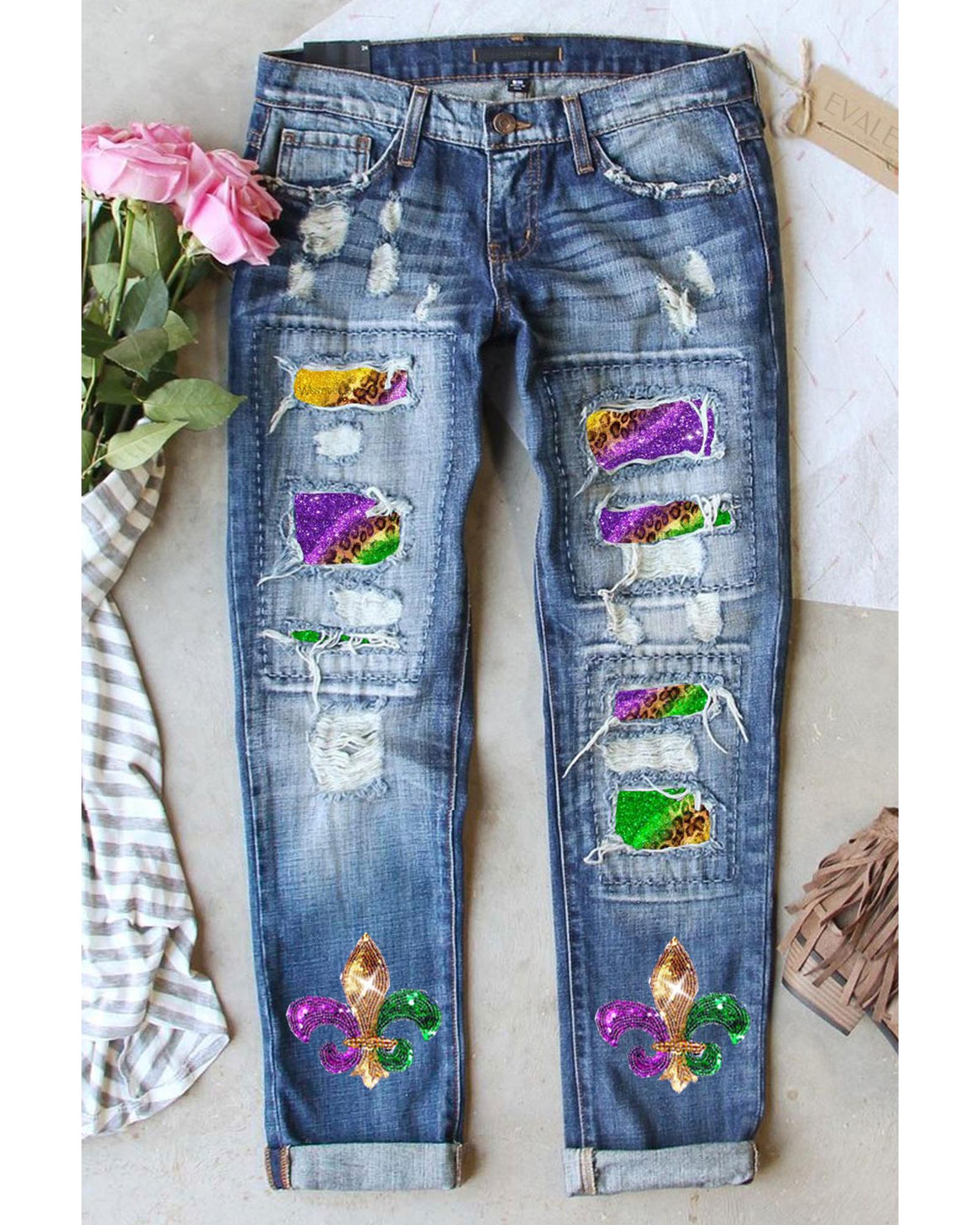 Sky Blue Shiny Mardi Gras Fleur-de-lis Patch Distressed Jeans - 18 US