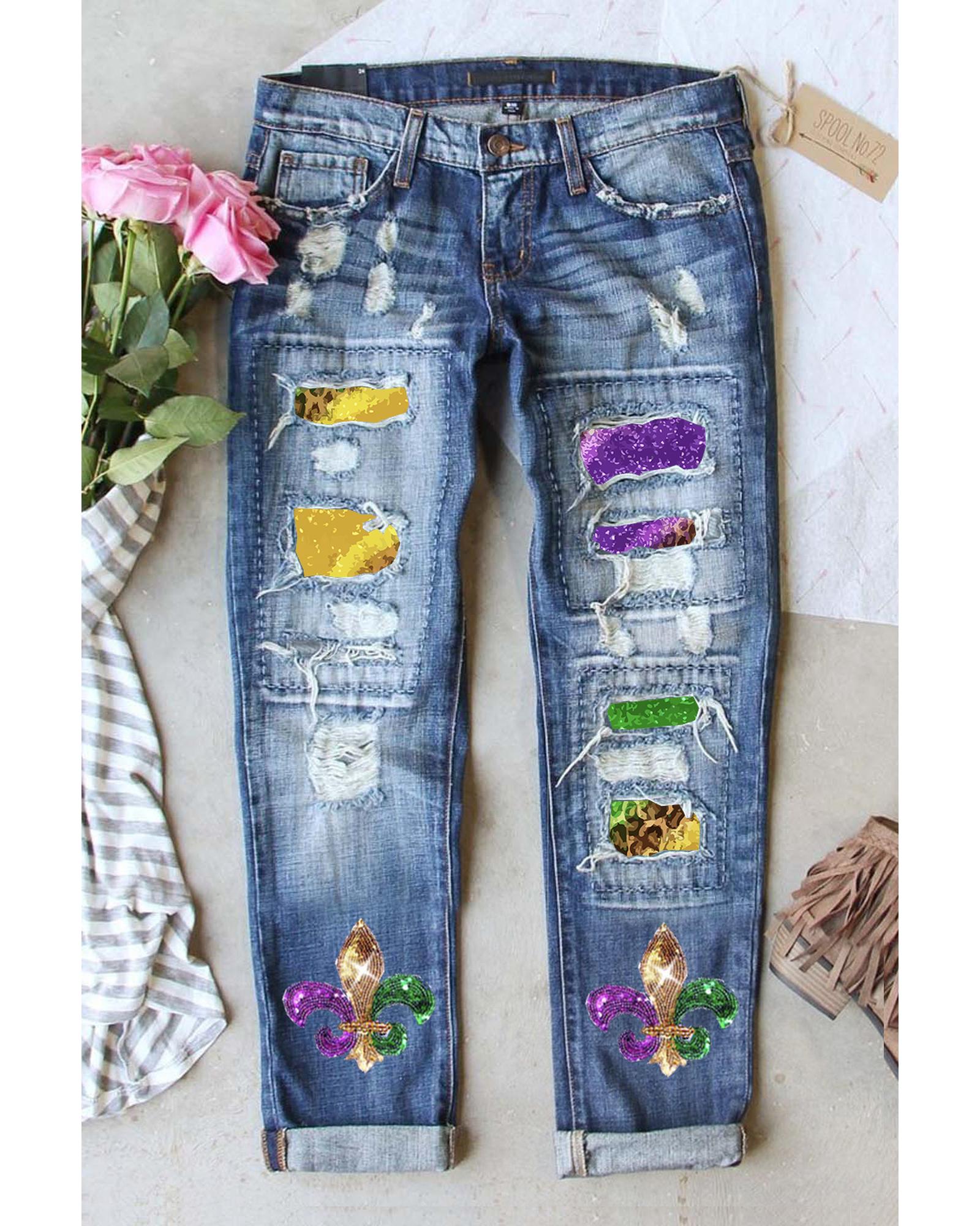 Sky Blue Shiny Mardi Gras Fleur-de-lis Patch Distressed Jeans - 18 US