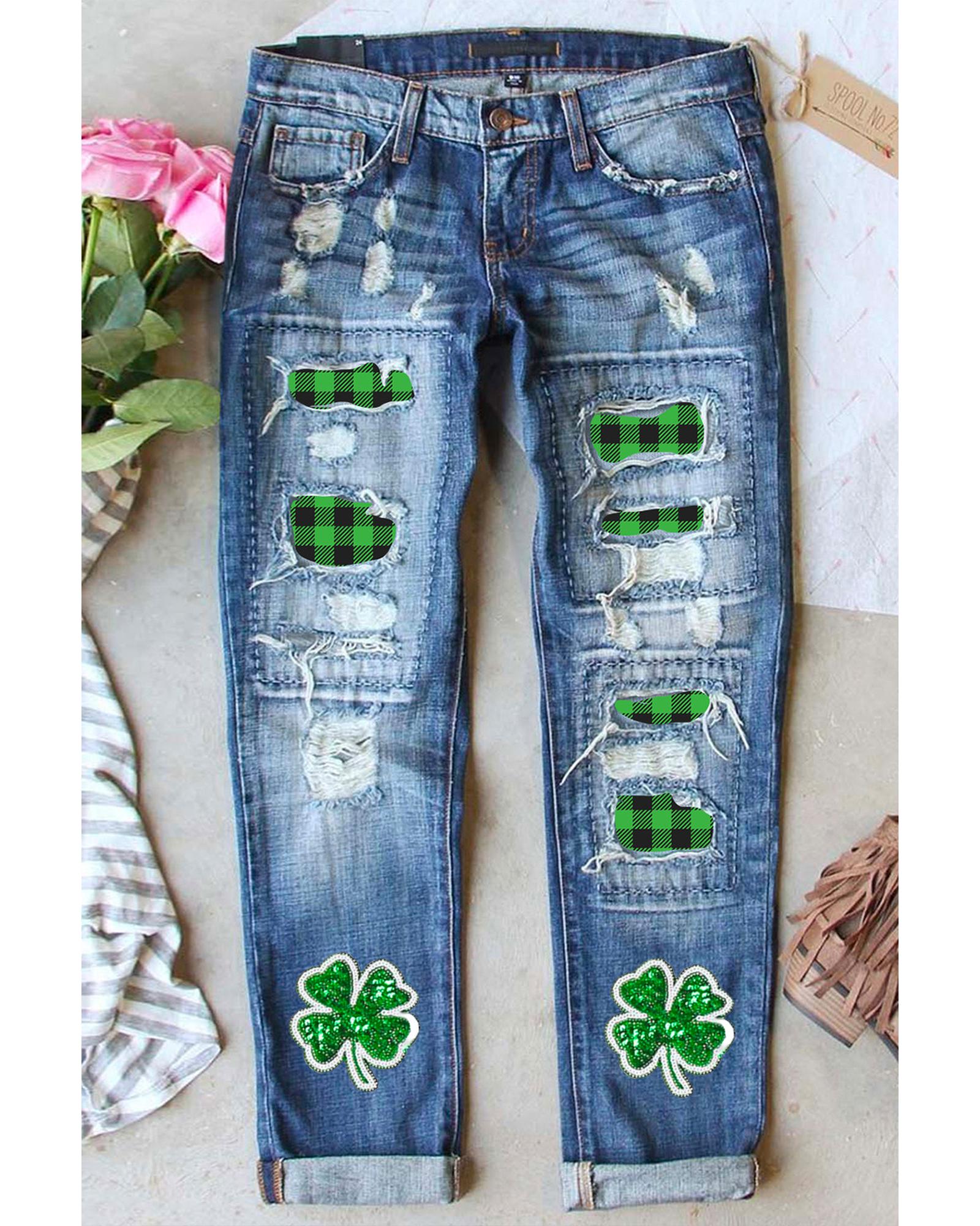 Sky Blue Glitter Clover Patch Plaid Insert Distressed Jeans - 18 US