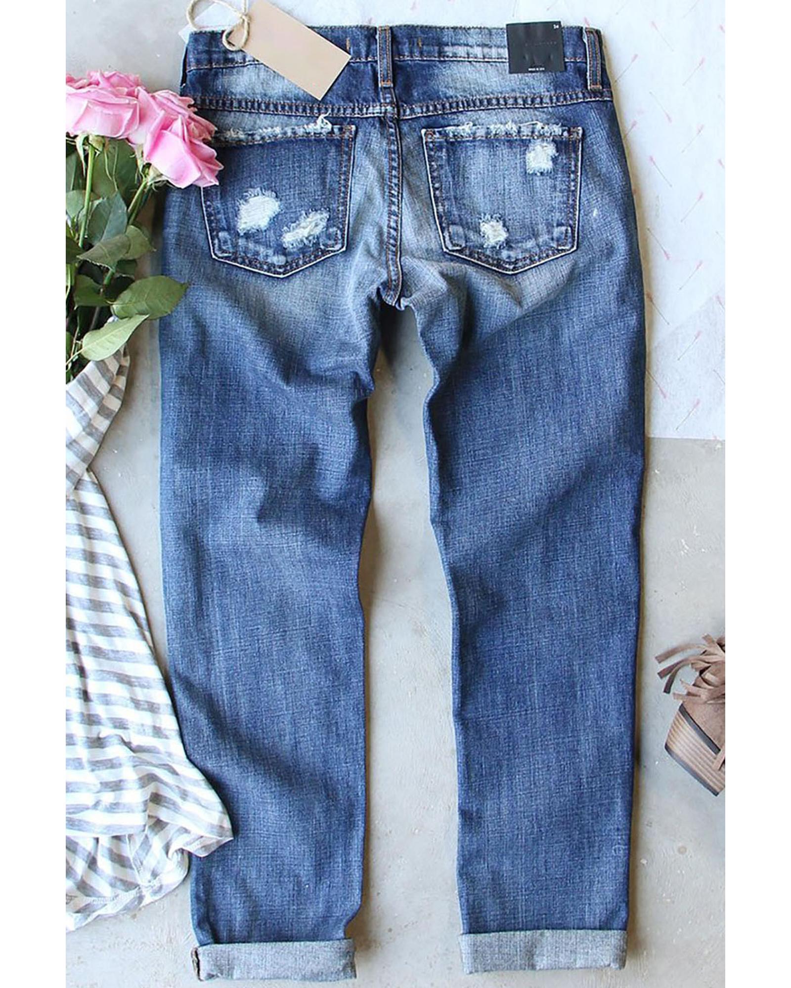 Sky Blue Heart-shape American Flag Patch Frayed Jeans - 18 US