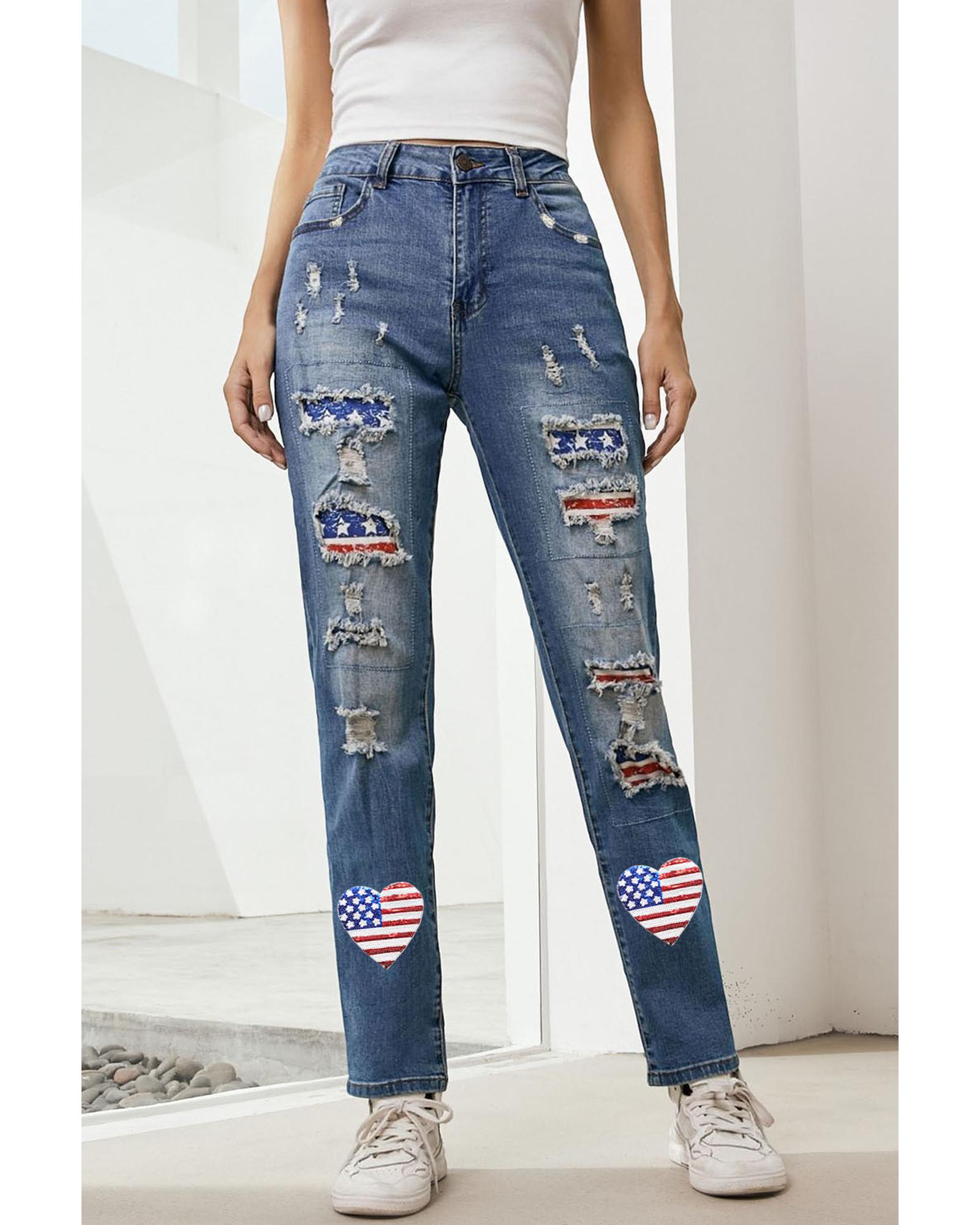 Sky Blue Heart-shape American Flag Patch Frayed Jeans - 18 US