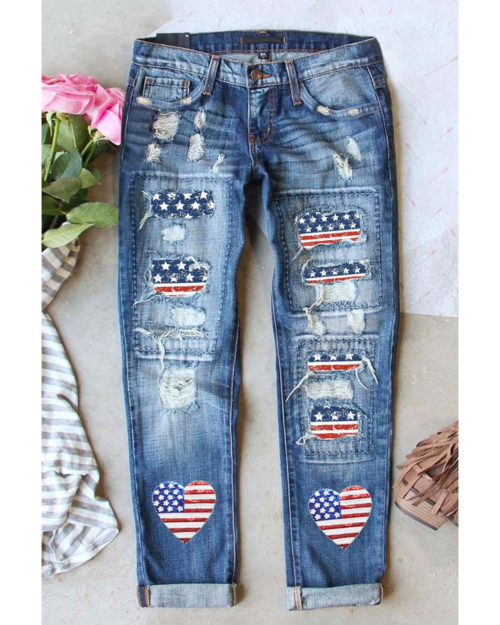 Sky Blue Heart-shape American Flag Patch Frayed Jeans - 8 US