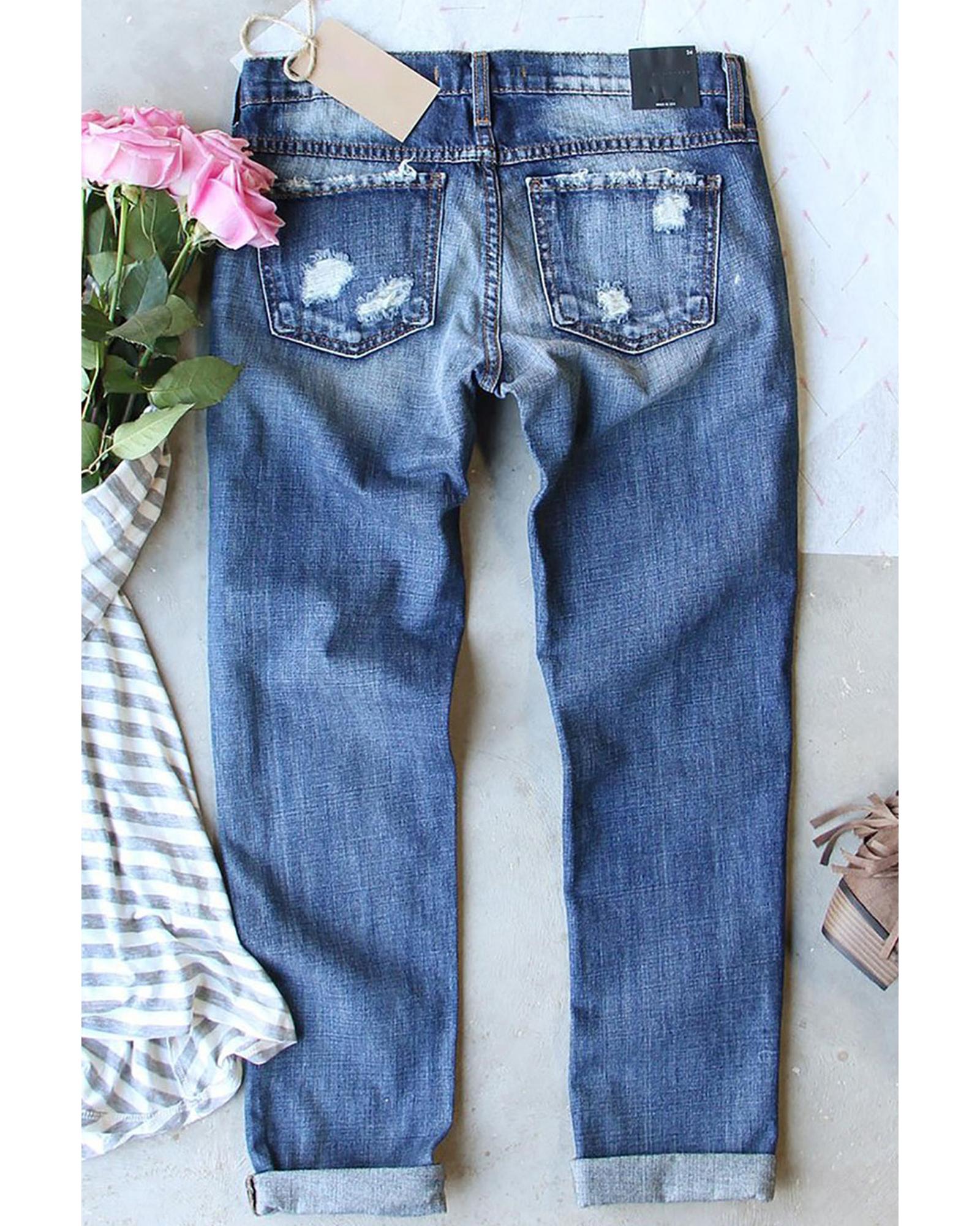 Sky Blue Sequin American Flag Star Graphic Distressed Straight Jeans - 18 US