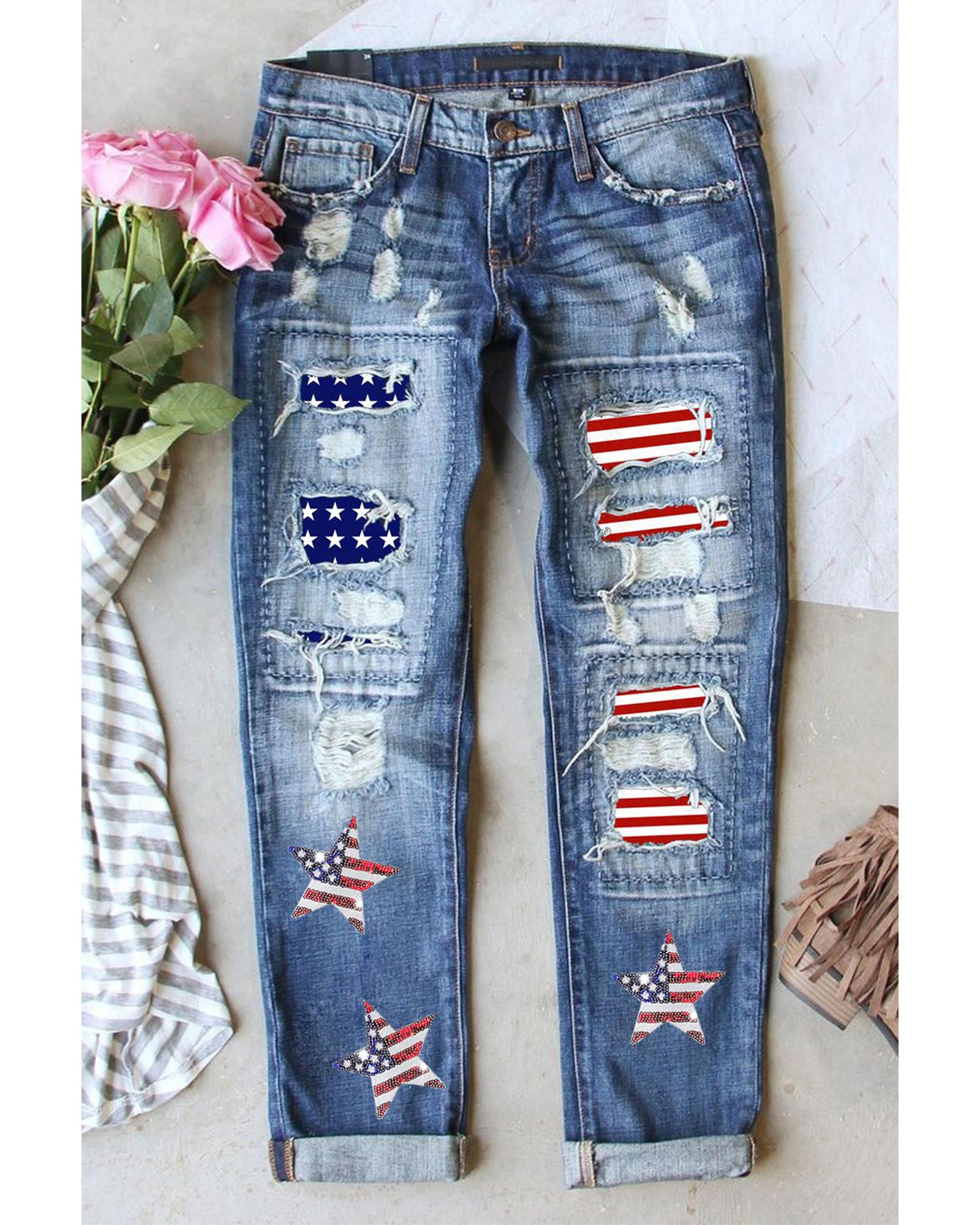 Sky Blue Sequin American Flag Star Graphic Distressed Straight Jeans - 8 US