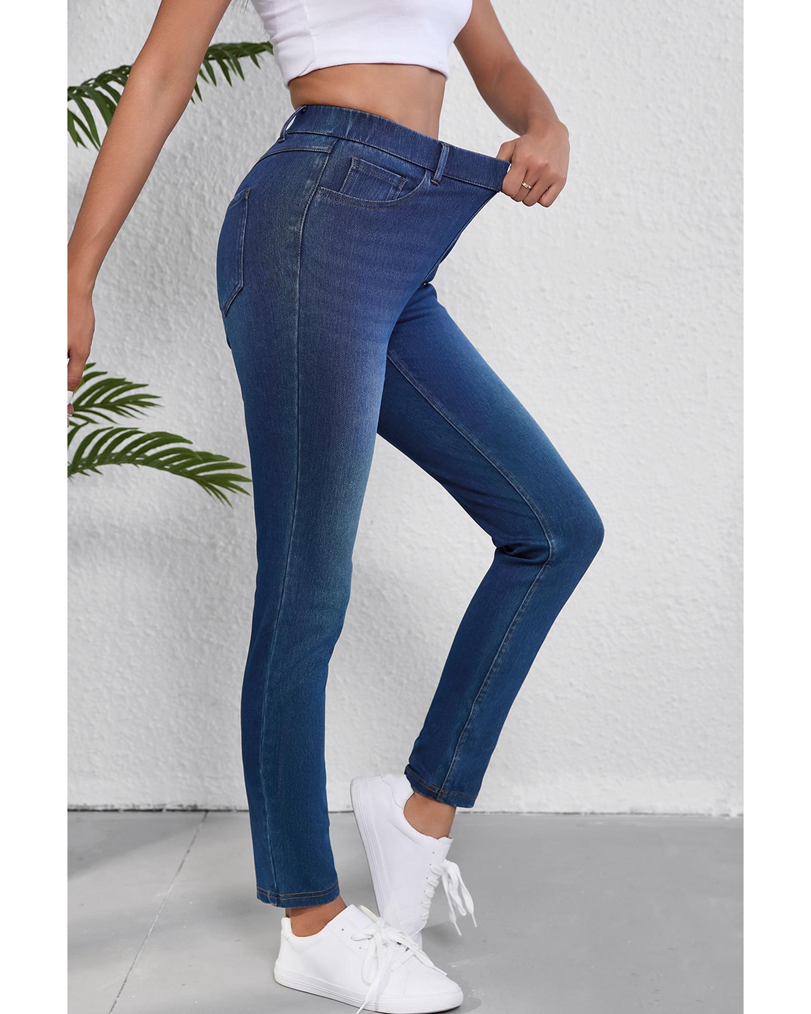 Ashleigh Blue Multiple Pockets Straight Leg Washed Stretchy Knit Casual Jeans - L