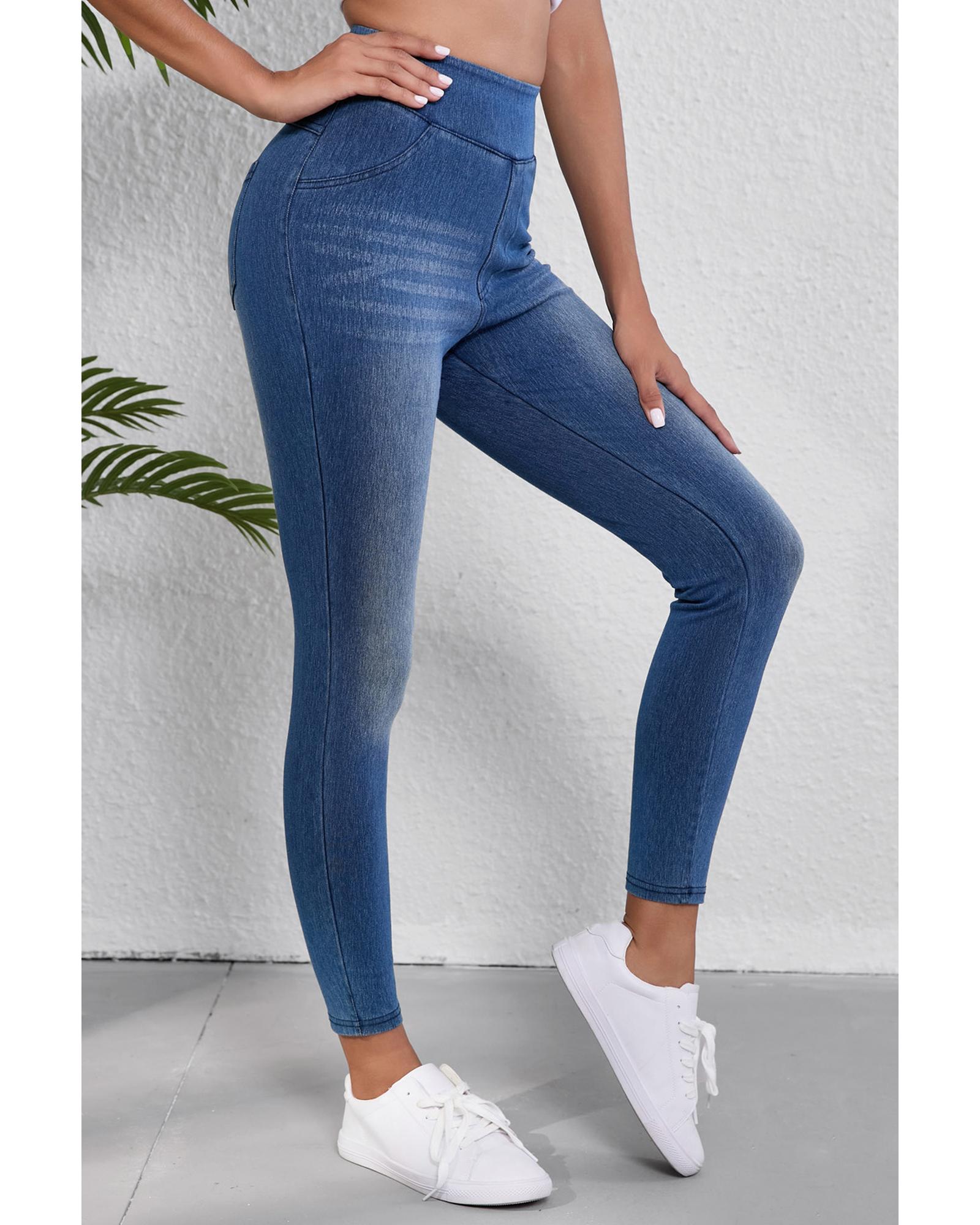 Navy Blue Skinny Elastic Waist Ankle Length Mid Waist Jeggings with Pockets - 2XL