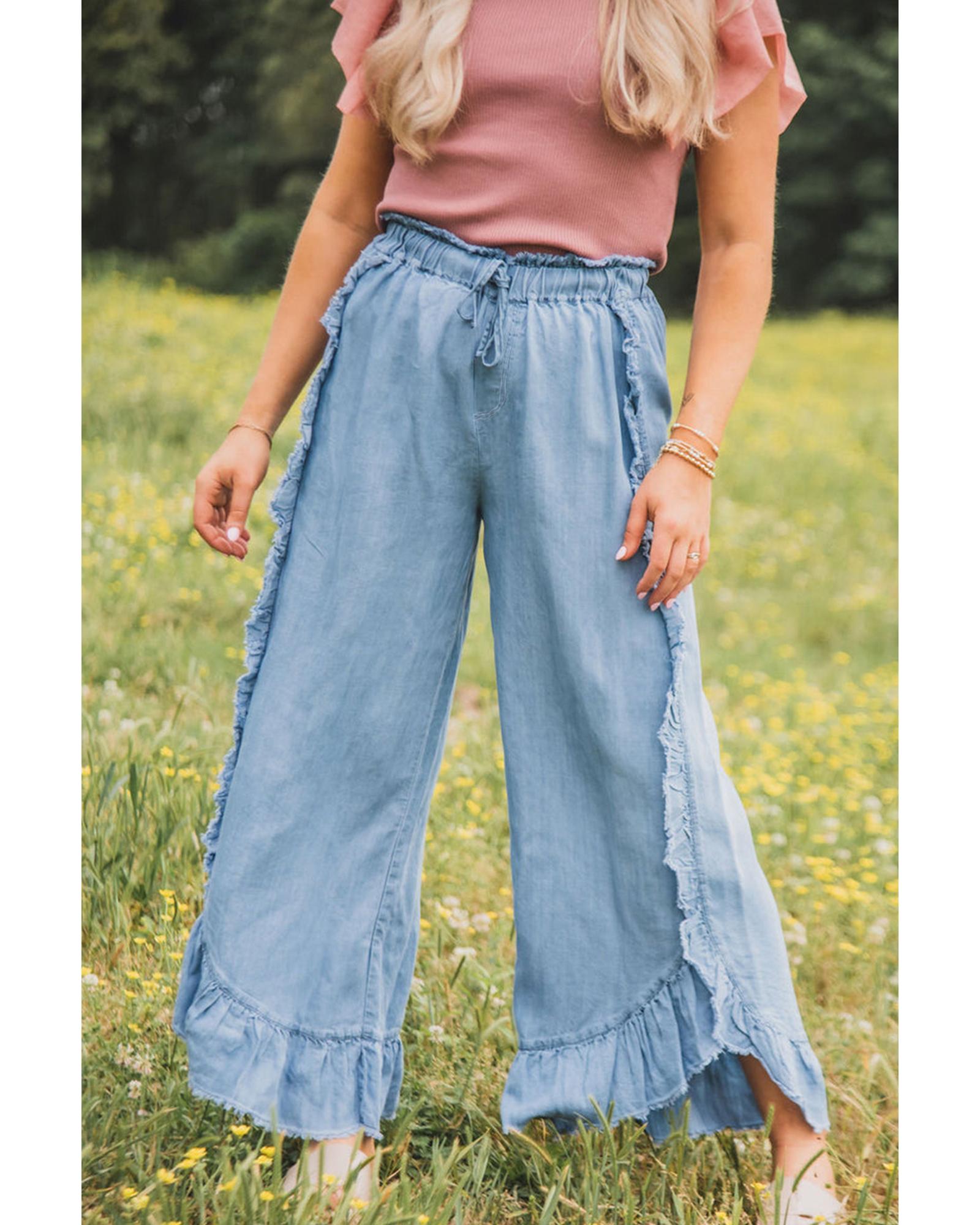 Myosotis Light Wash Raw Hem Ruffled Wide Leg Jeans - 16 US