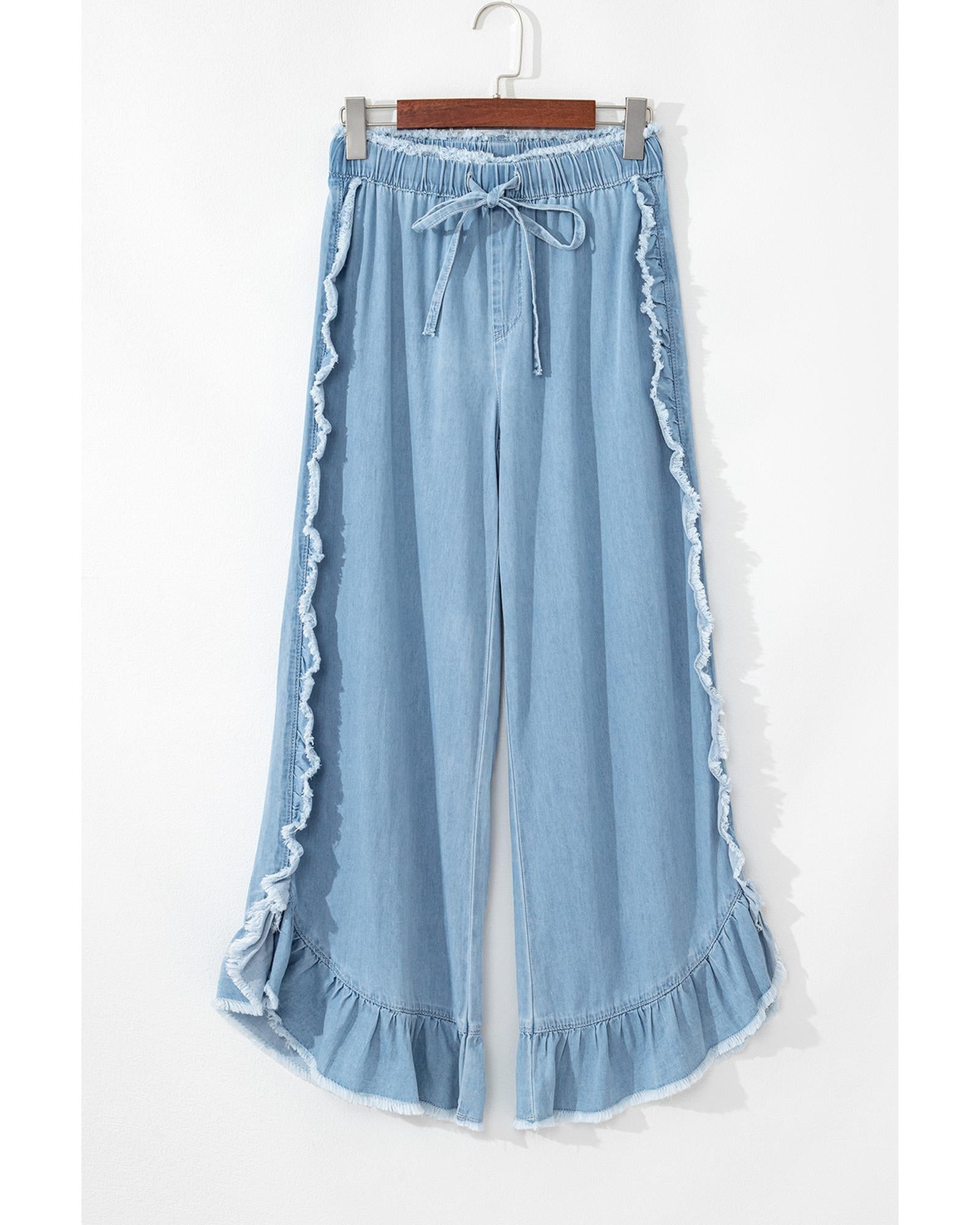 Myosotis Light Wash Raw Hem Ruffled Wide Leg Jeans - 8 US