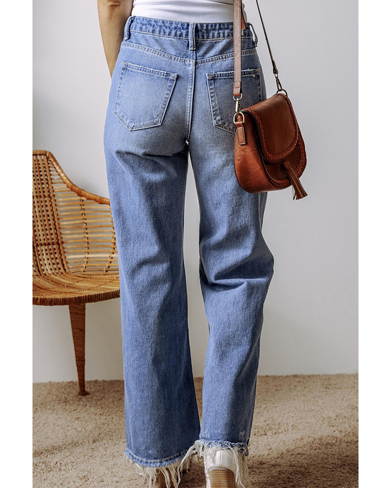 Ashleigh Blue Distressed Raw Hem Straight Leg High Waist Jeans - 12 US