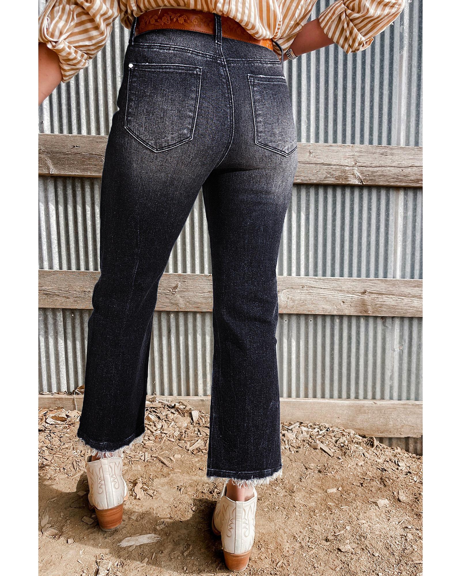 Carbon Grey Mineral Wash Raw Hem High Waist Flared Jeans - 4 US