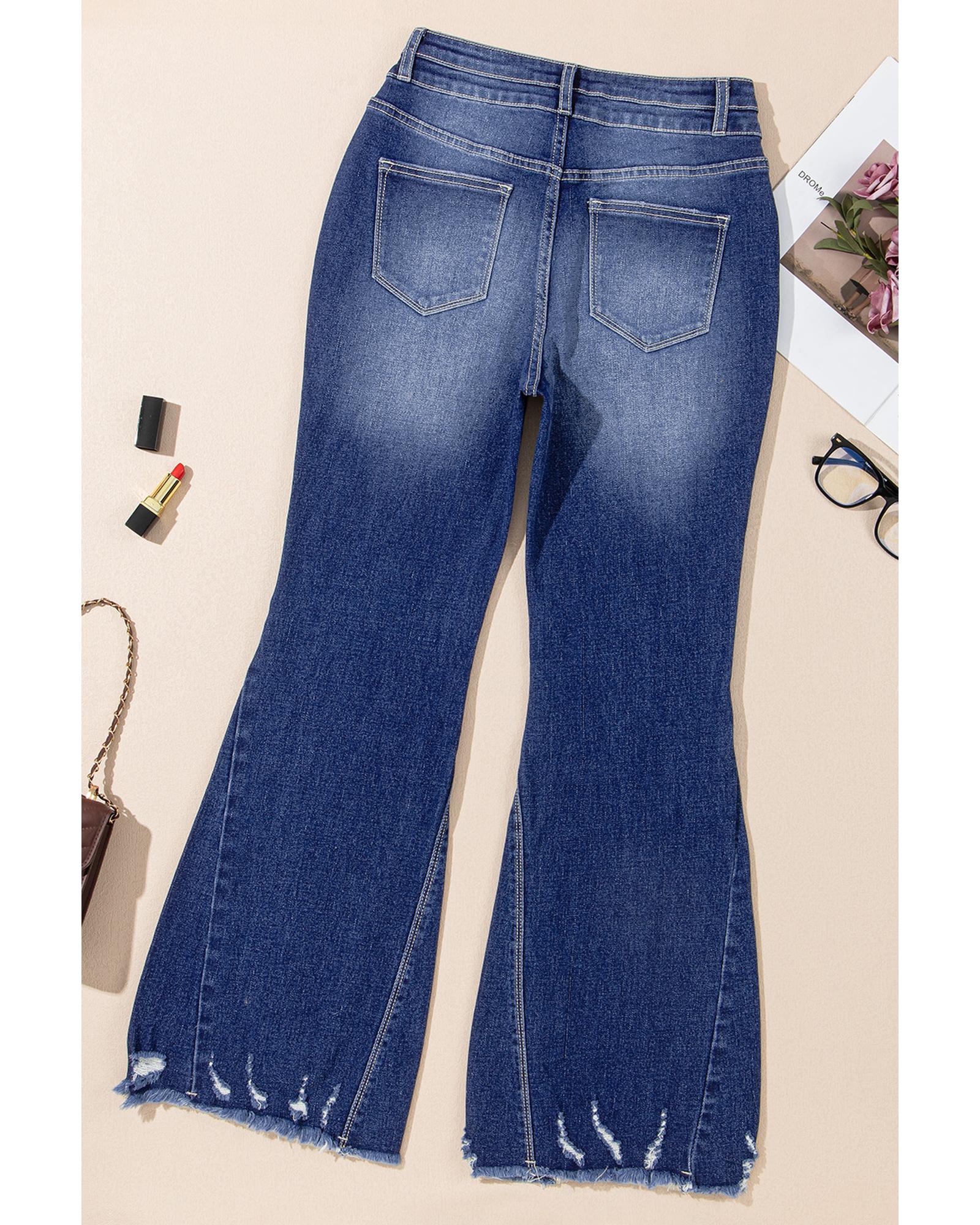 Sail Blue High Rise Dual Button Distressed Raw Hem Flared Jeans - 10 US