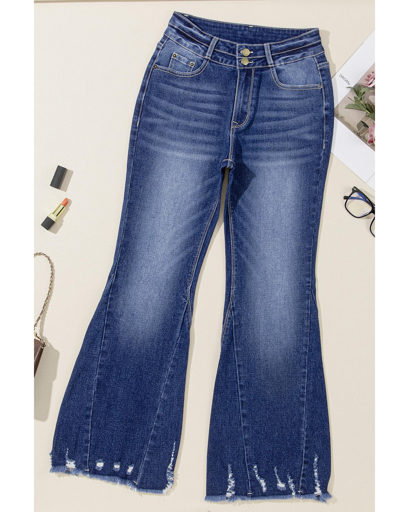 Sail Blue High Rise Dual Button Distressed Raw Hem Flared Jeans - 8 US