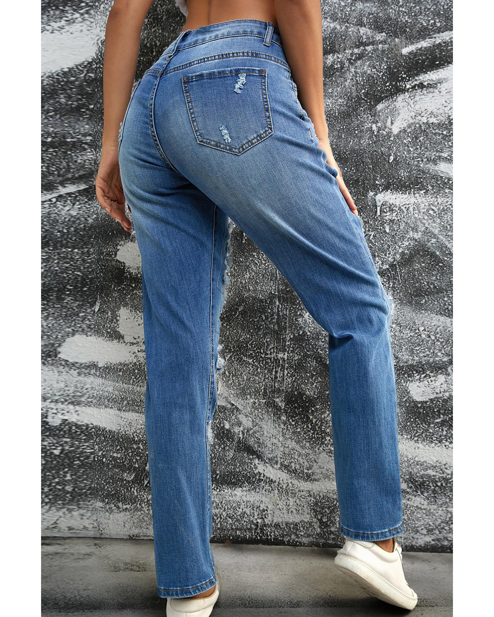 Sky Blue Sequin Pumpkin Patched Distressed Straight Leg Jeans - 8 US