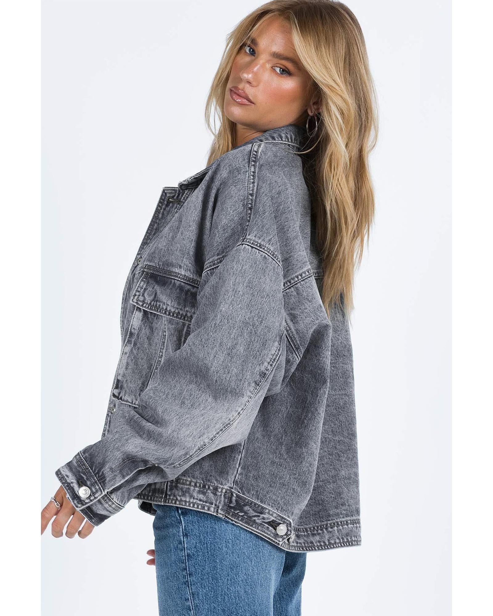 Gray Chest Pockets Drop Shoulder Loose Denim Jacket - 2XL