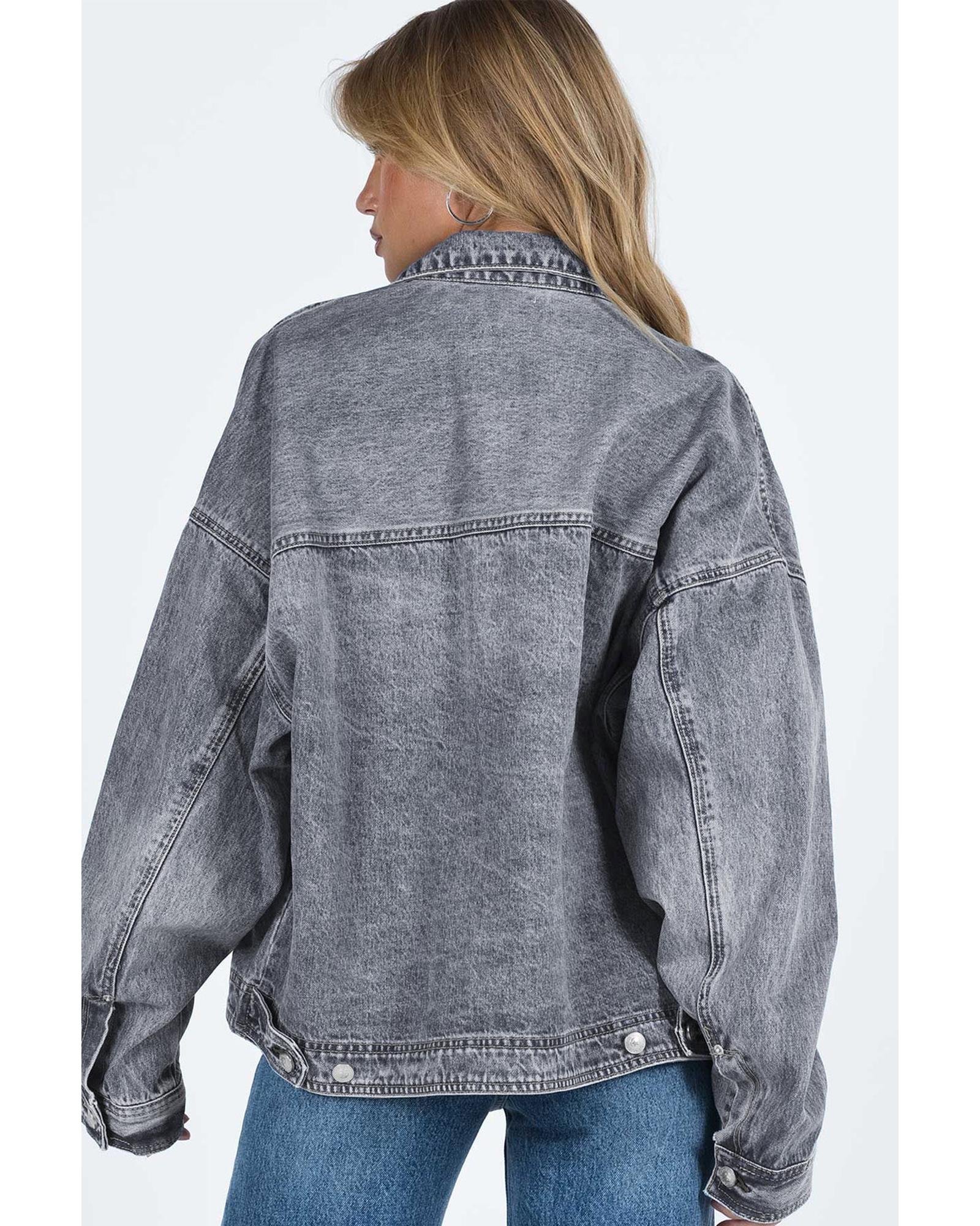Gray Chest Pockets Drop Shoulder Loose Denim Jacket - L