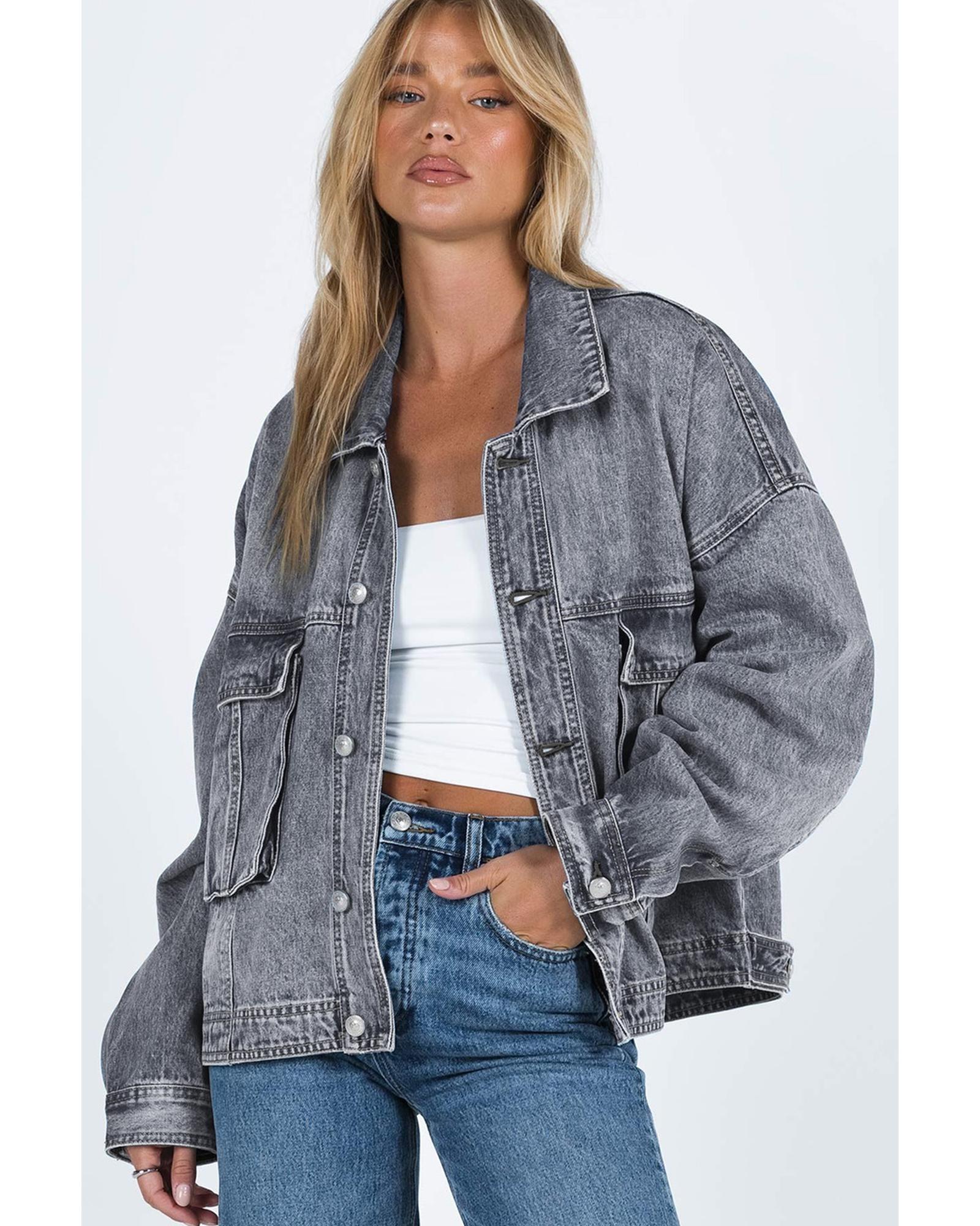 Gray Chest Pockets Drop Shoulder Loose Denim Jacket - S