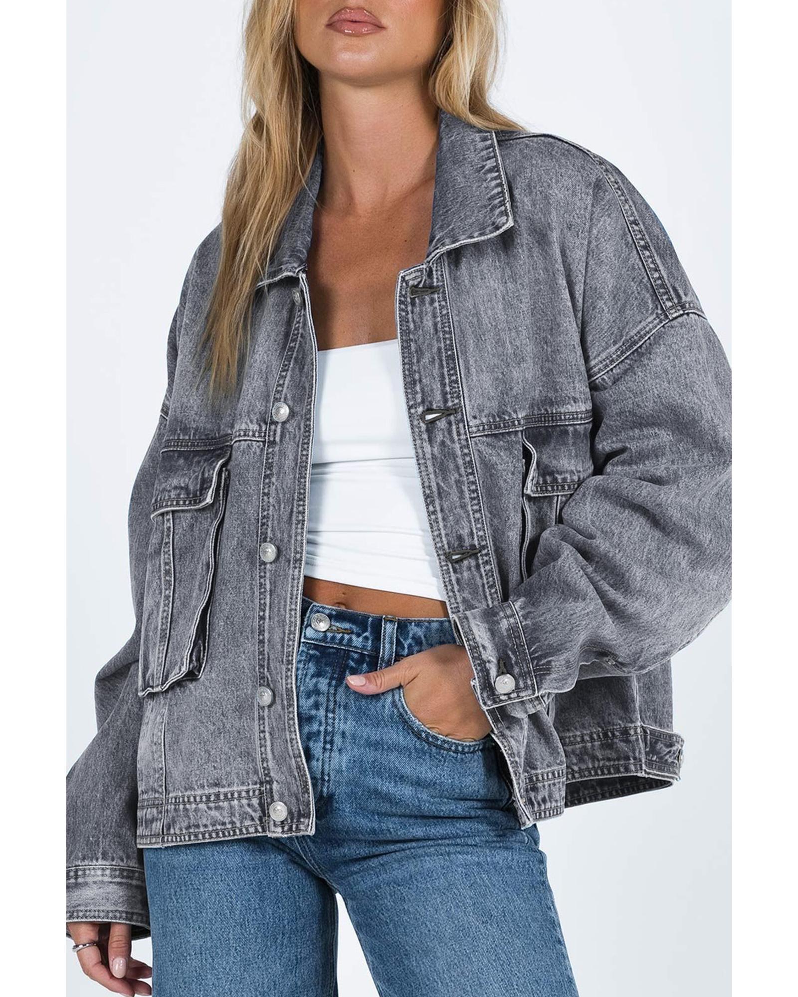 Gray Chest Pockets Drop Shoulder Loose Denim Jacket - XL