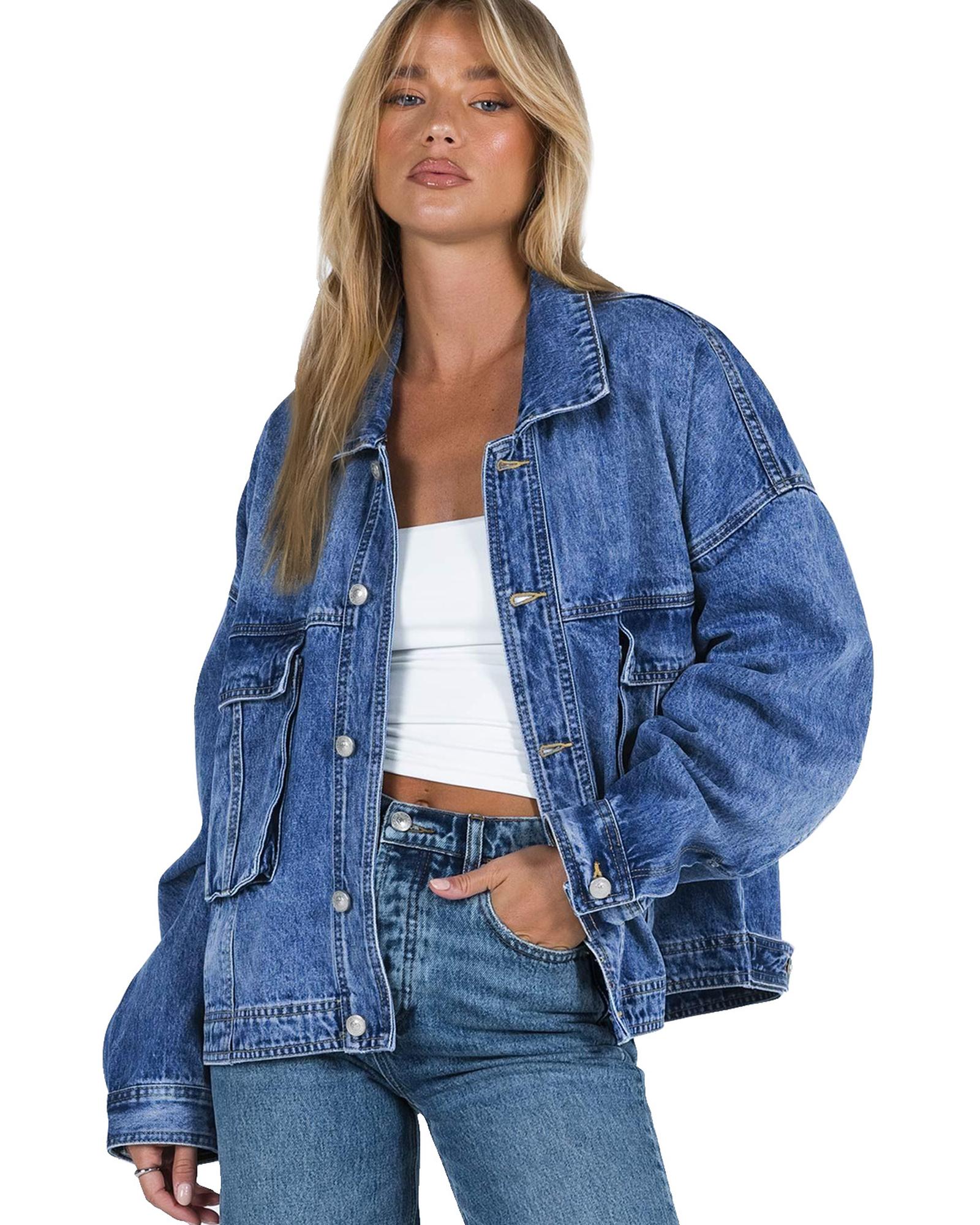 Blue Chest Pockets Drop Shoulder Loose Denim Jacket - L