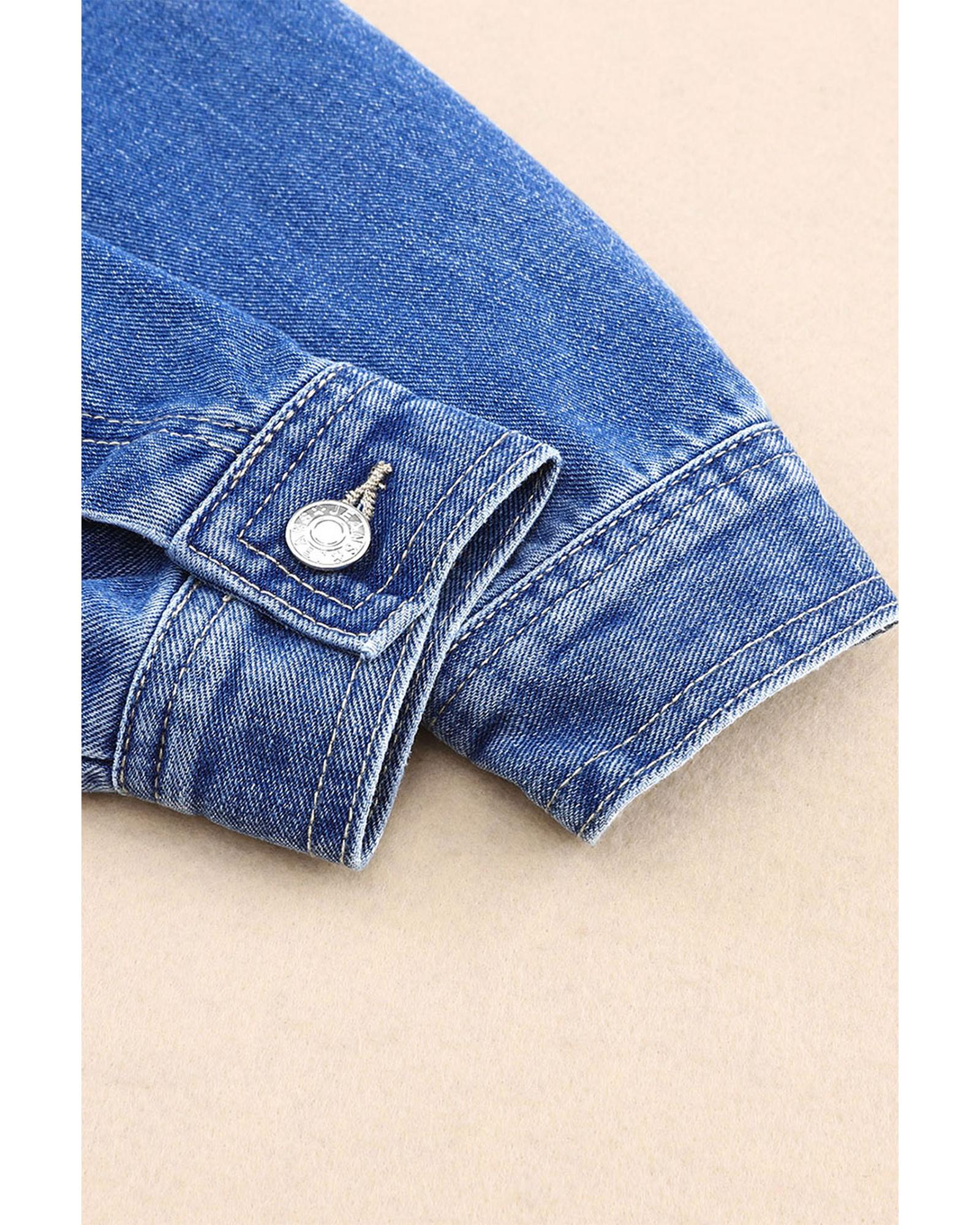 Blue Chest Pockets Drop Shoulder Loose Denim Jacket - L