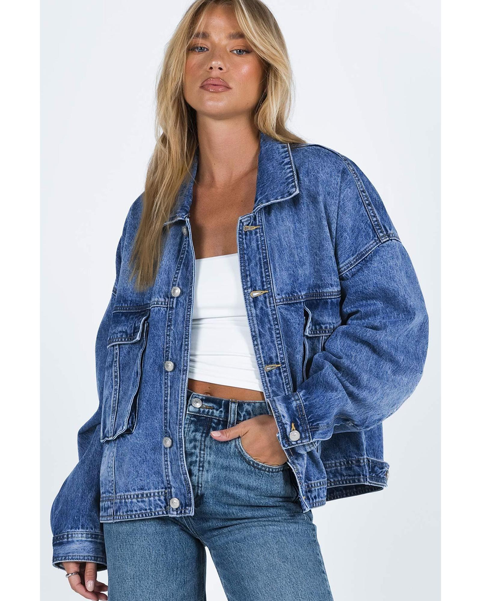 Blue Chest Pockets Drop Shoulder Loose Denim Jacket - XL