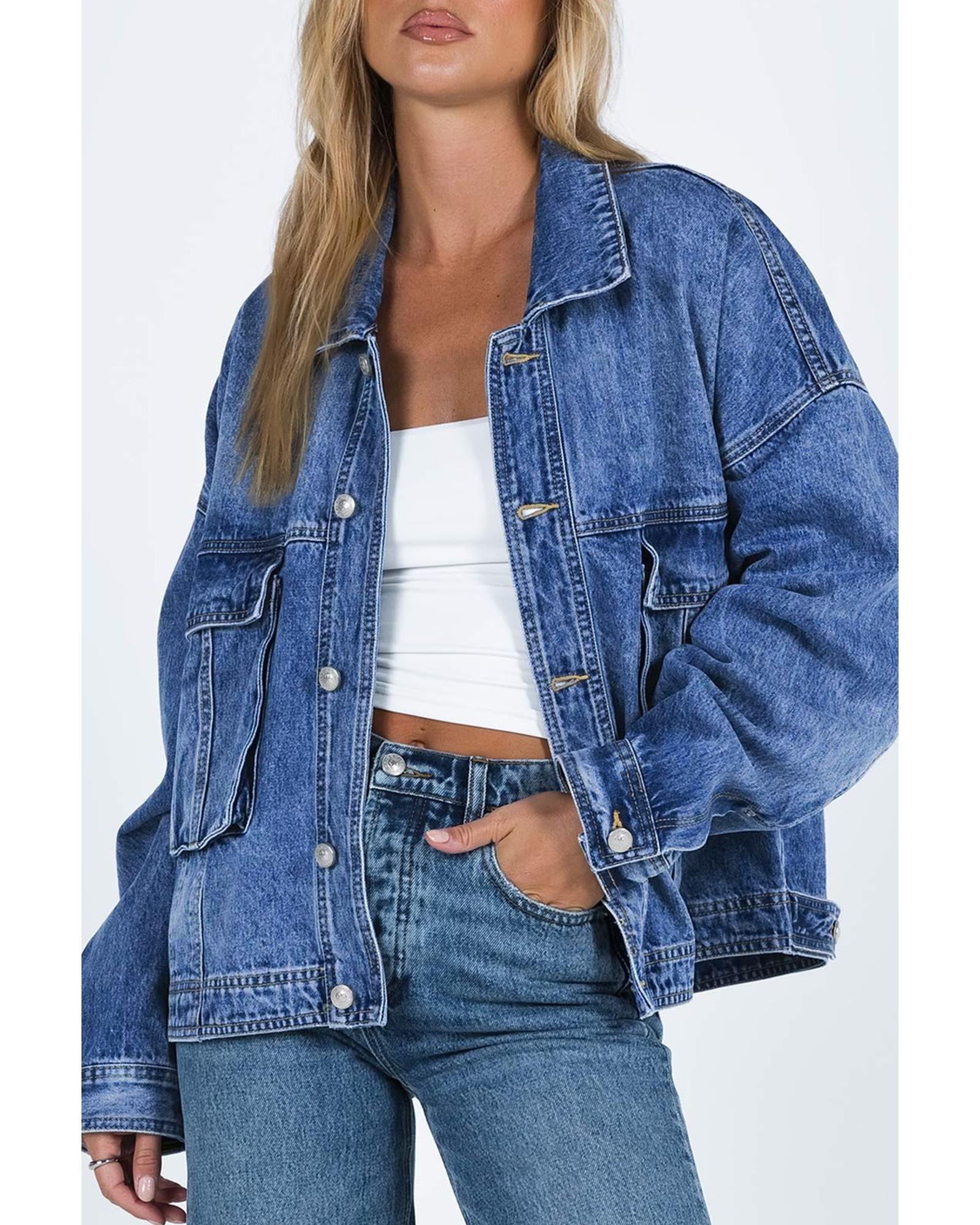 Blue Chest Pockets Drop Shoulder Loose Denim Jacket - XL