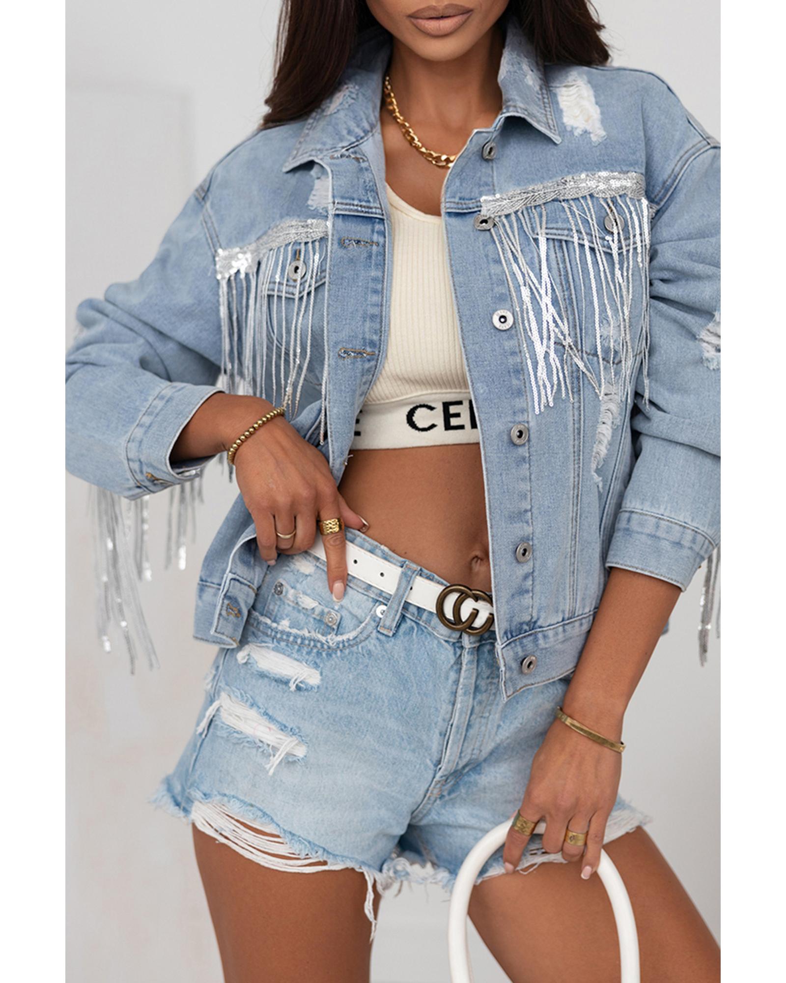 Sky Blue Sequin Embellished Fringe Distressed Denim Jacket - M
