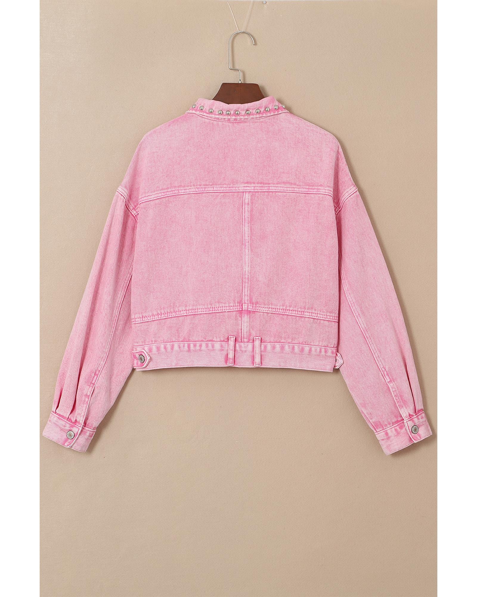 Pink Rivet Studded Pocketed Denim Jacket - L
