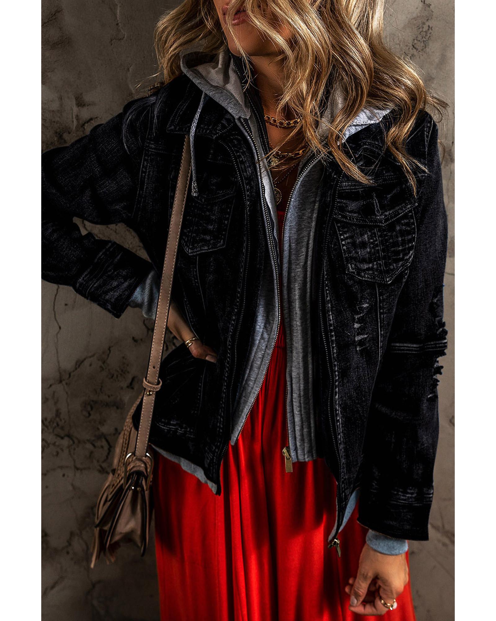 Black Fake Two-Piece Hooded Zip-Up Denim Jacket - 2XL