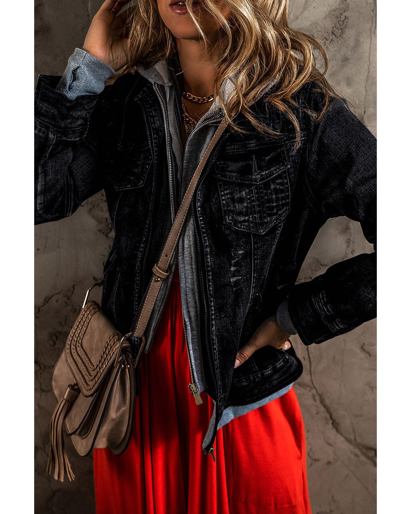 Black Fake Two-Piece Hooded Zip-Up Denim Jacket - 2XL