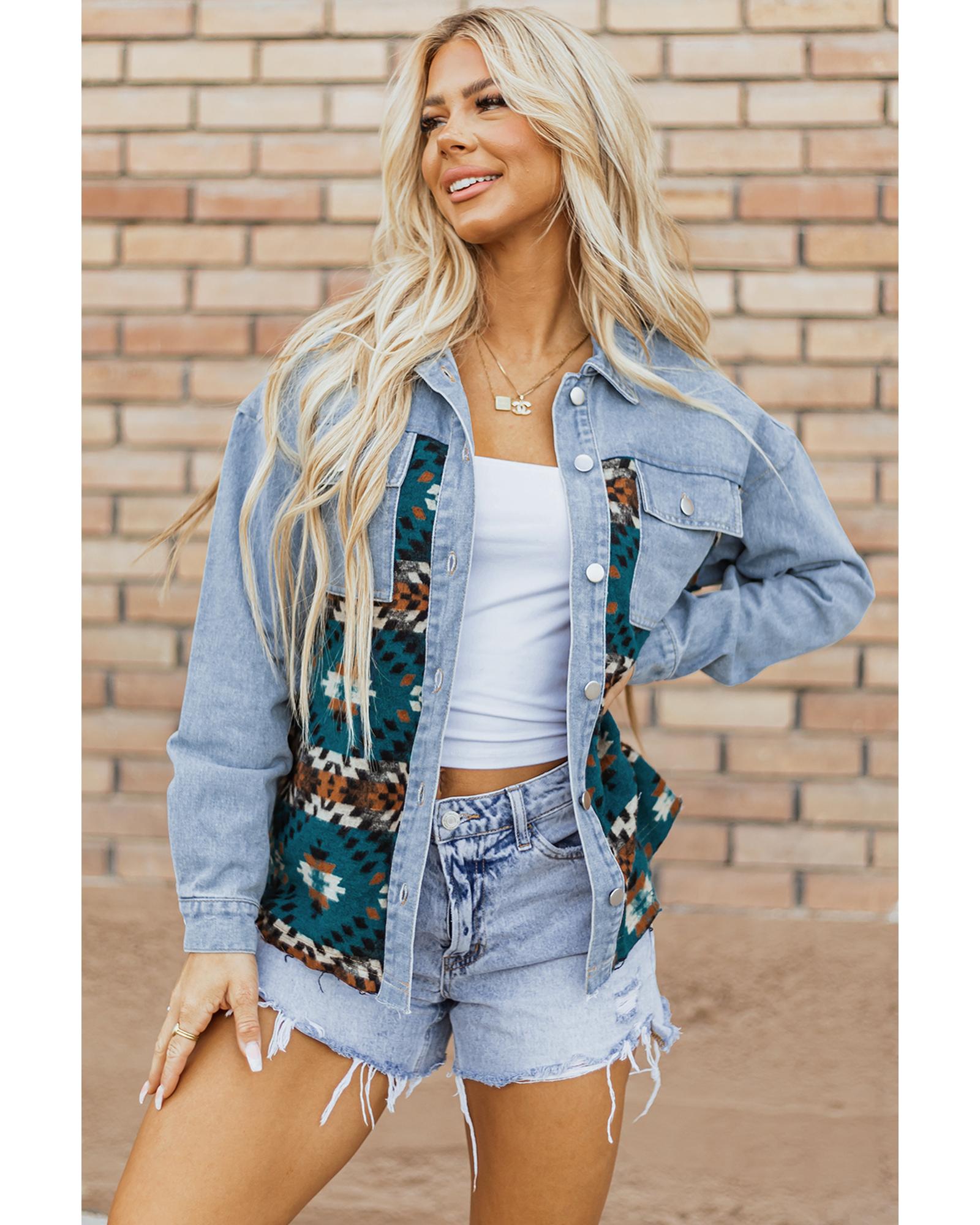 Blue Aztec Printed Denim Jacket - M