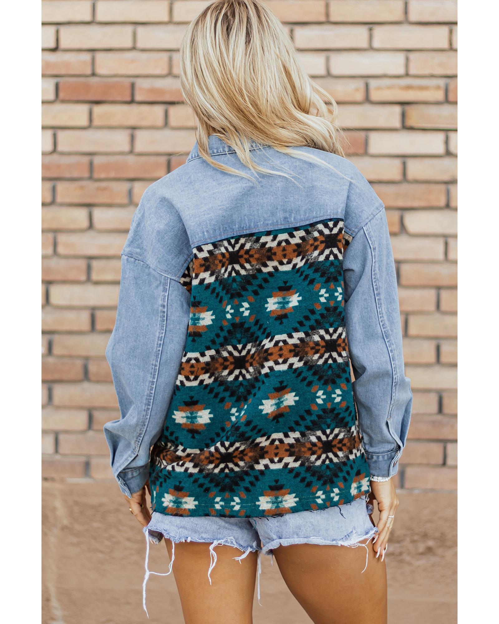 Blue Aztec Printed Denim Jacket - S