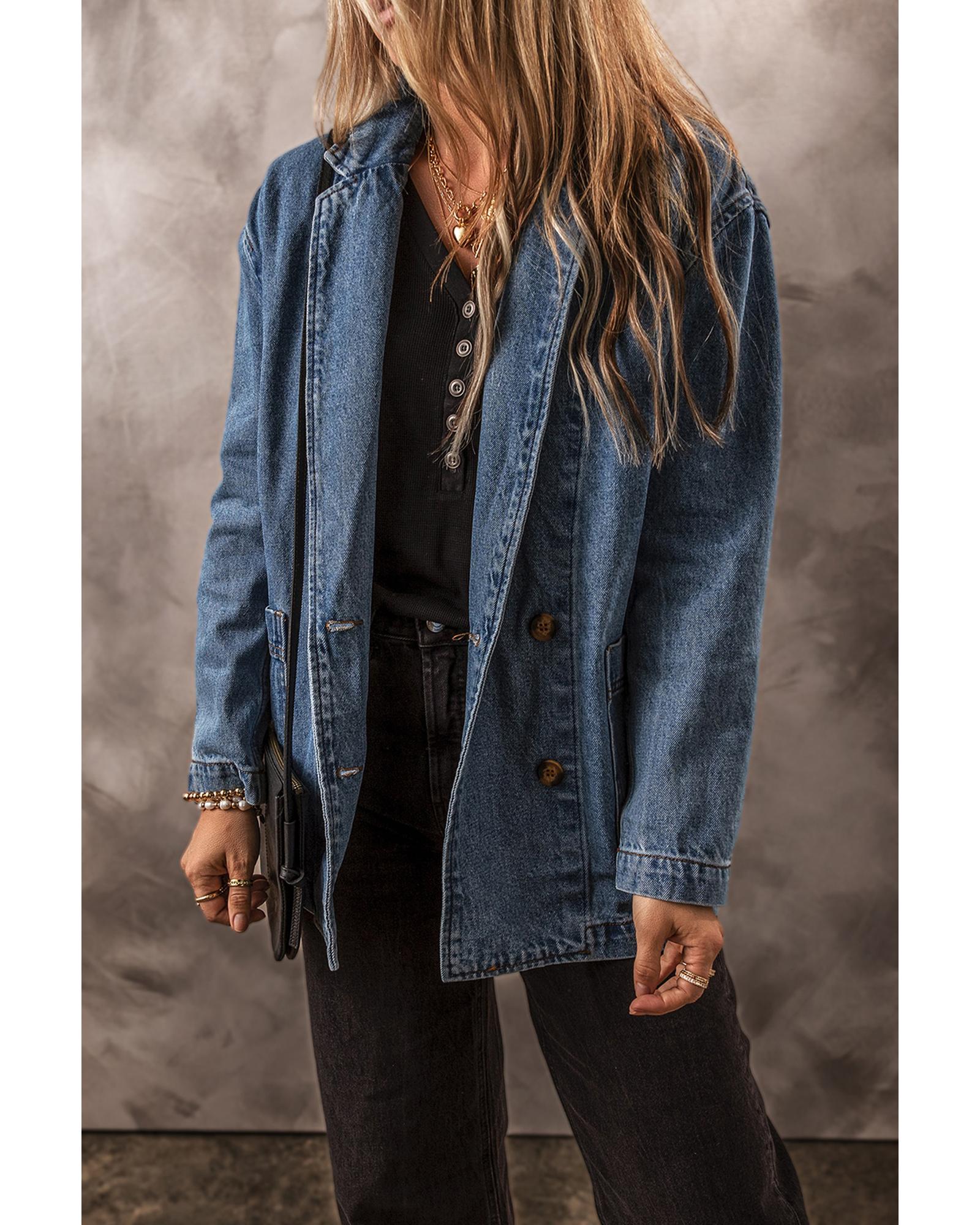 Sail Blue Side Pockets Lapel Collar Denim Jacket - L