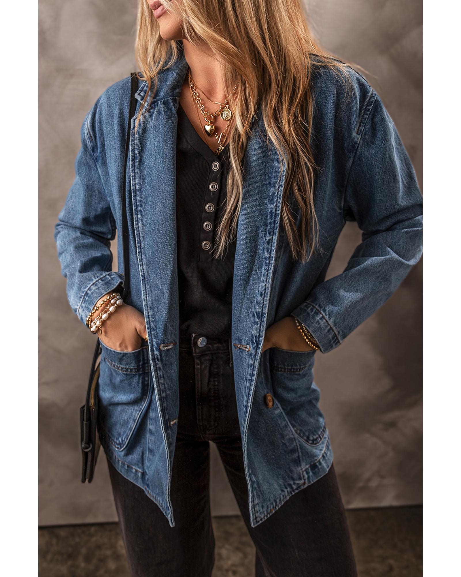 Sail Blue Side Pockets Lapel Collar Denim Jacket - L