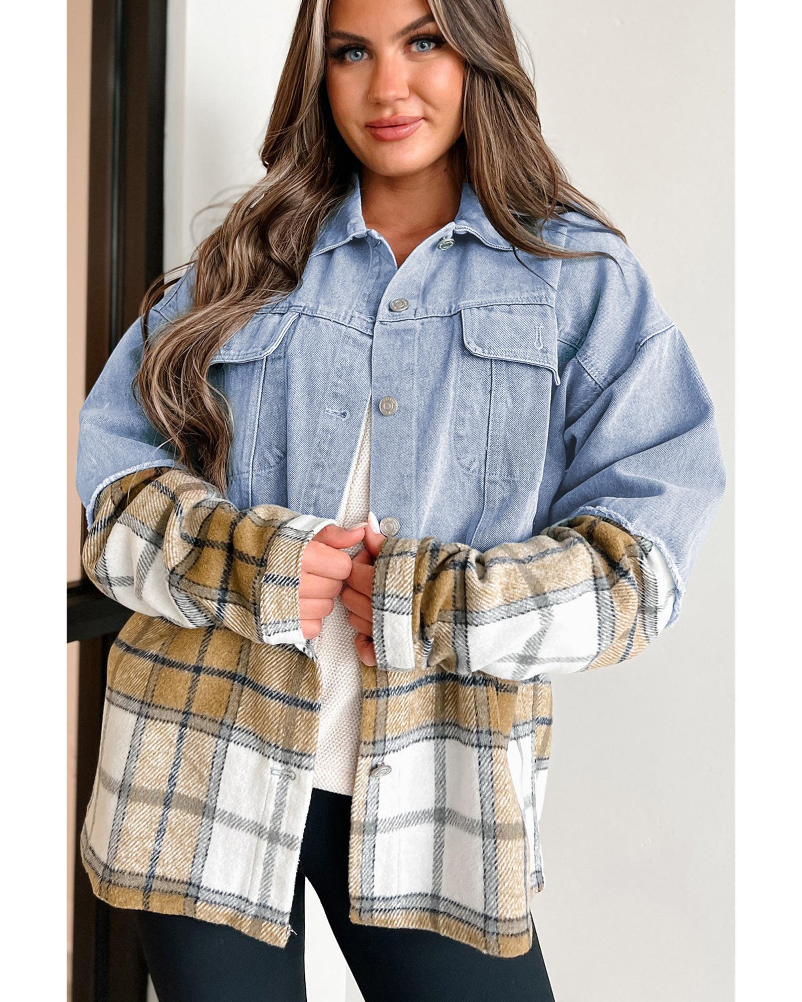 Khaki Plaid Patchwork Buttoned Oversized Denim Jacket - L
