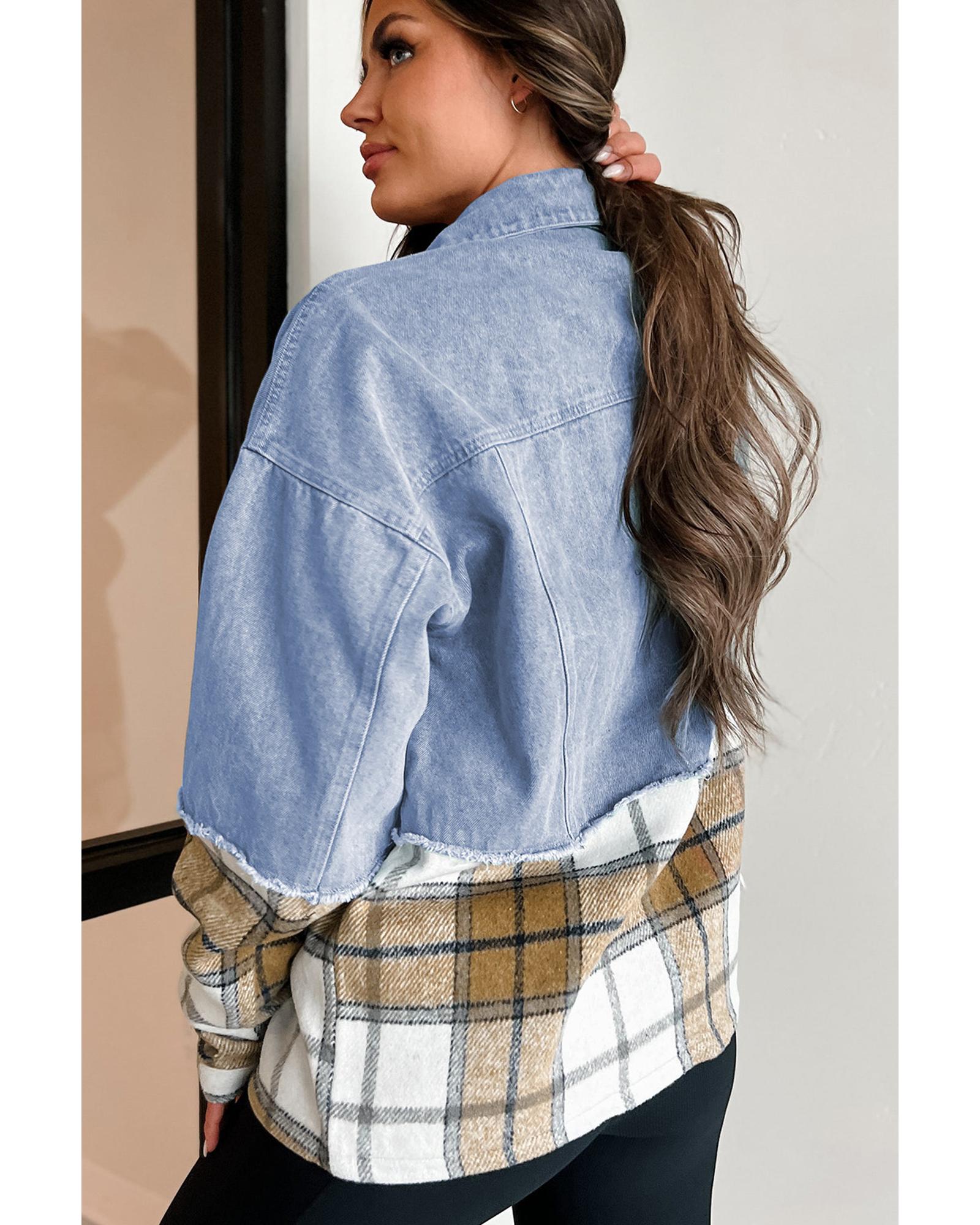 Khaki Plaid Patchwork Buttoned Oversized Denim Jacket - L