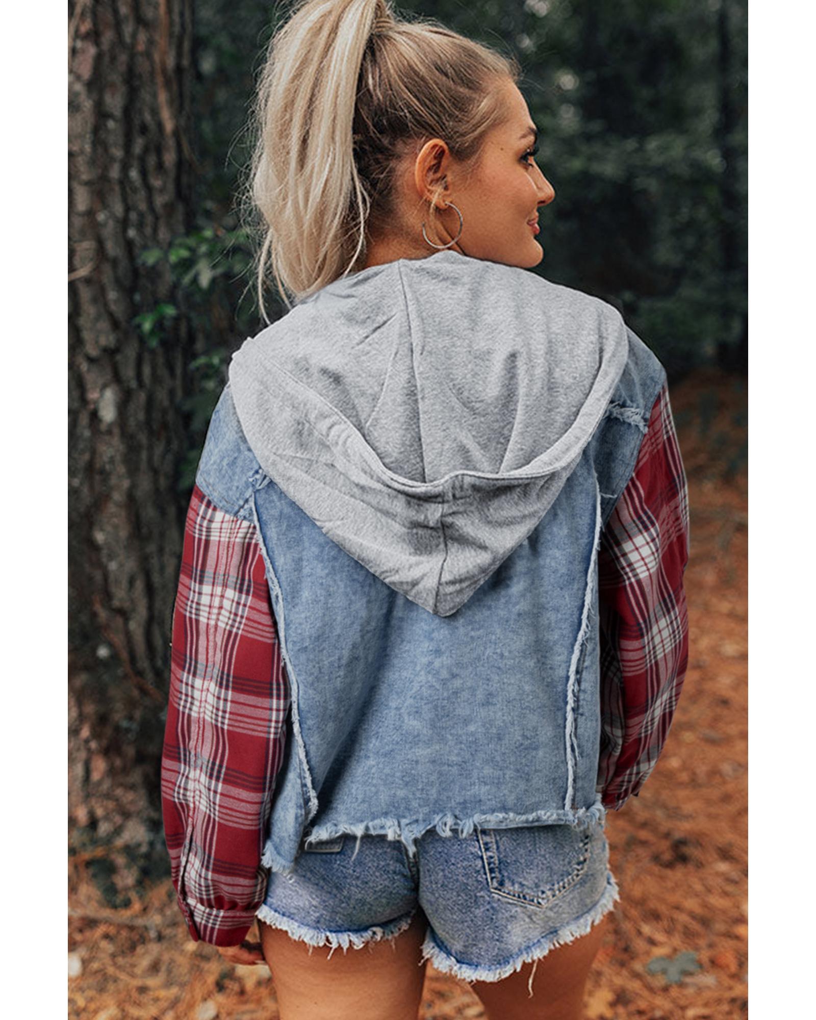 Beau Blue Plaid Print Patchwork Hooded Raw Hem Denim Jacket - L