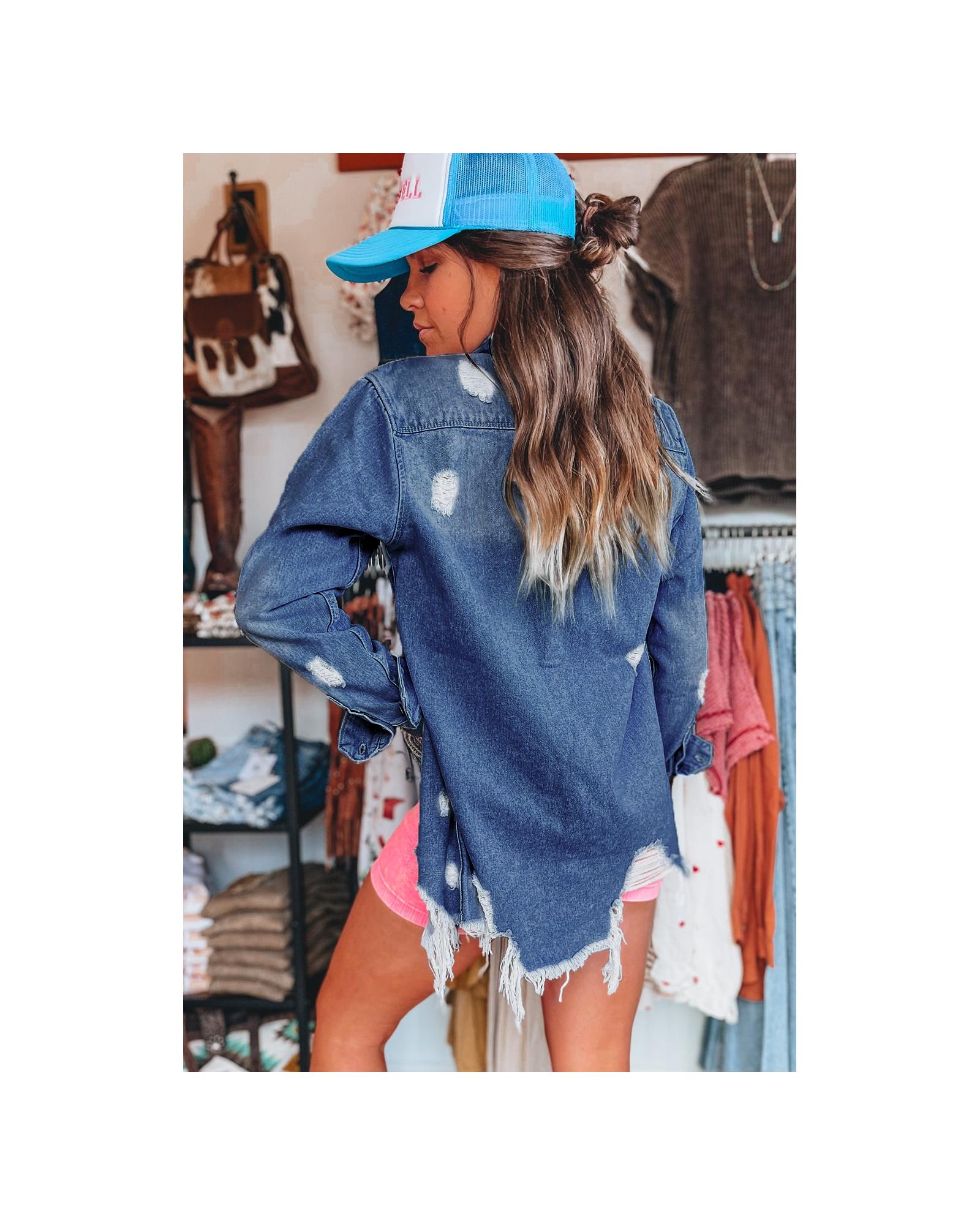 Sky Blue Light Wash Distressed Frayed Long Denim Jacket - 2XL