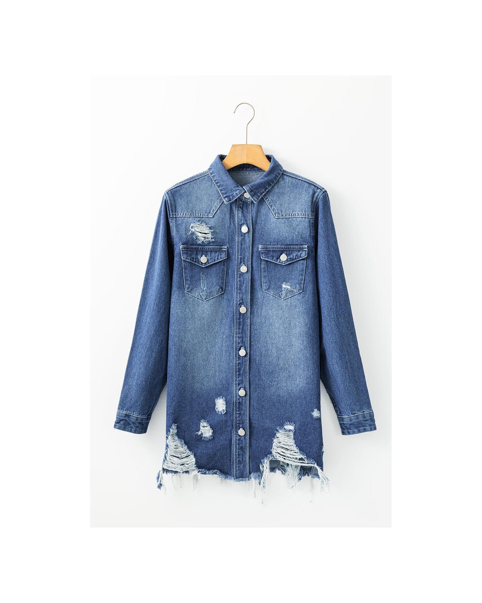 Sky Blue Light Wash Distressed Frayed Long Denim Jacket - 2XL